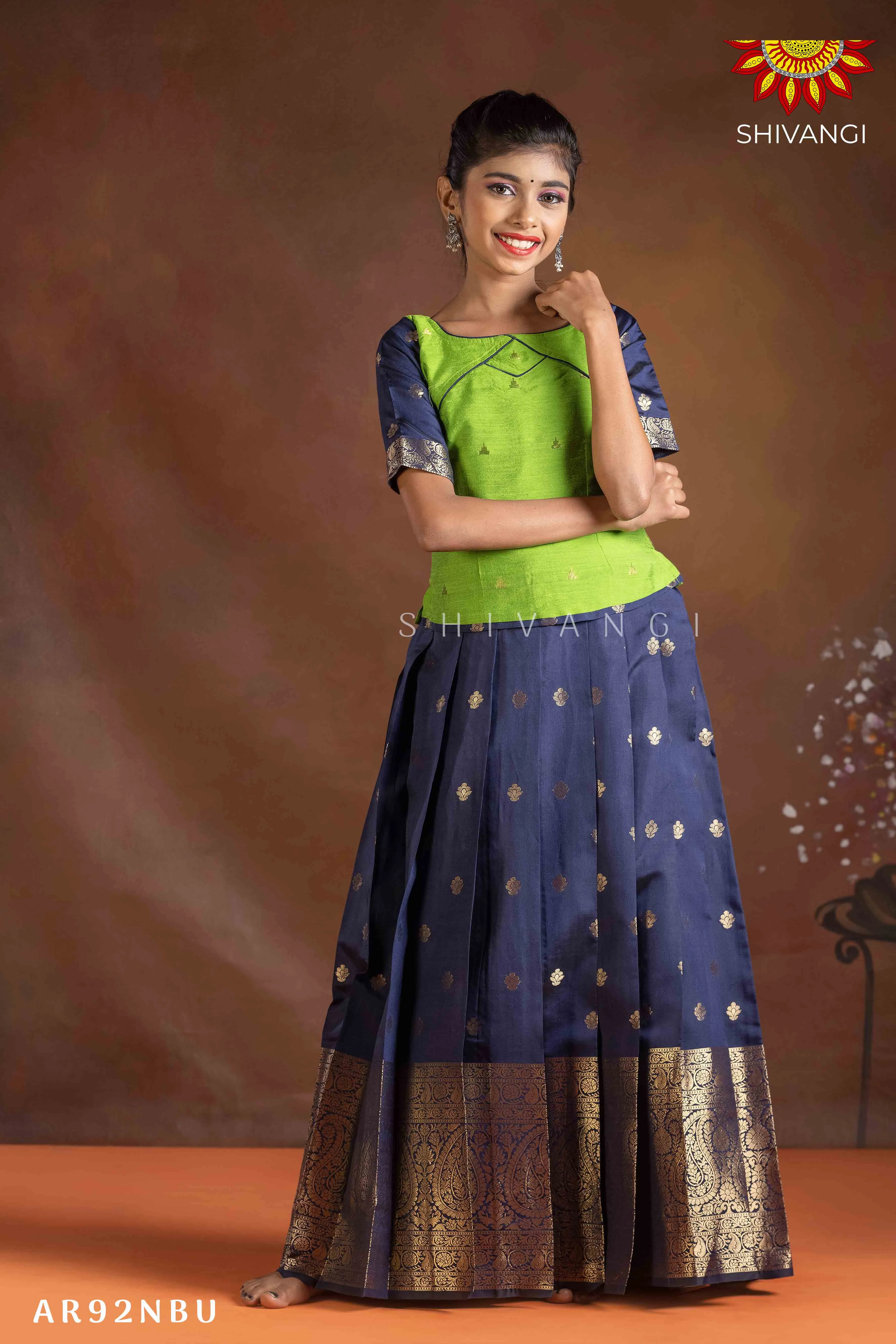 Girls Navy Blue Paisley Mango  Pattu Pavadai | Langa