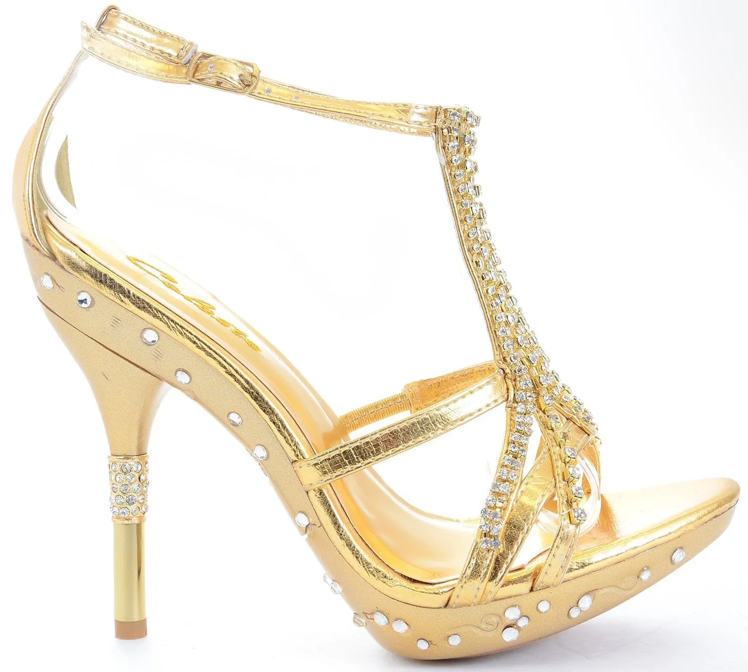 Gold Rhinestone Evening Open Toe Formal Womens High Heel Platform