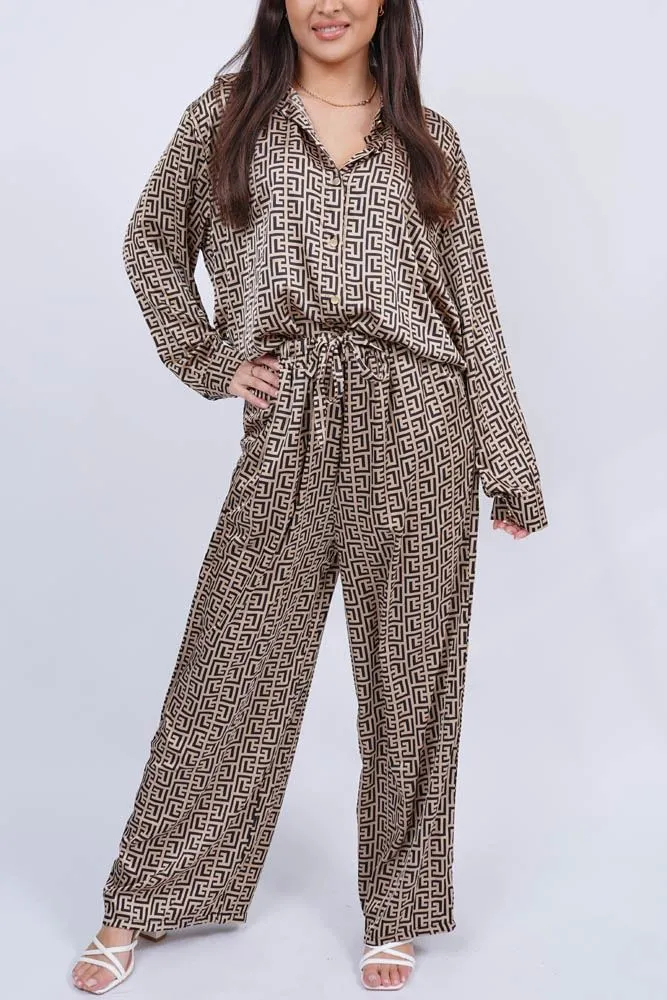 Greek Key Print Belted Waistband Loungewear Set