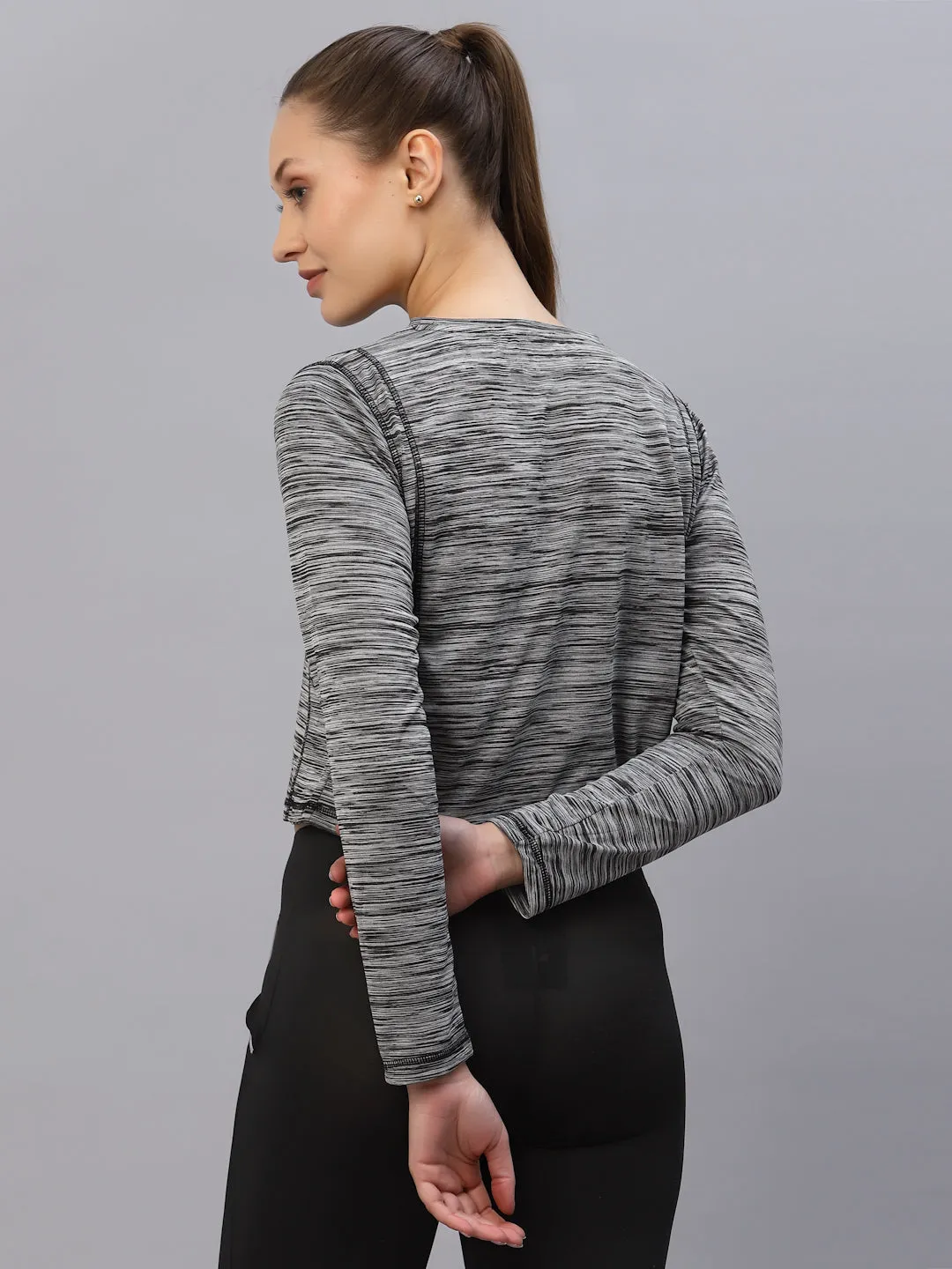 Grey Self Texture Round Neck Full Sleeve Activewear Crop Top