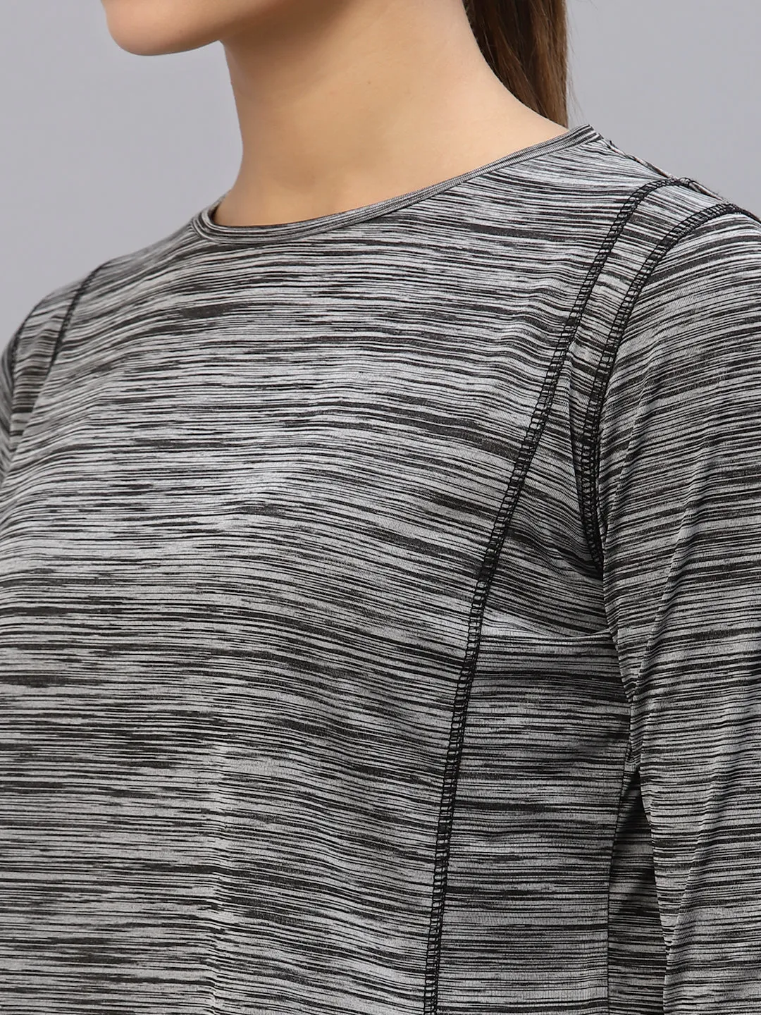 Grey Self Texture Round Neck Full Sleeve Activewear Crop Top