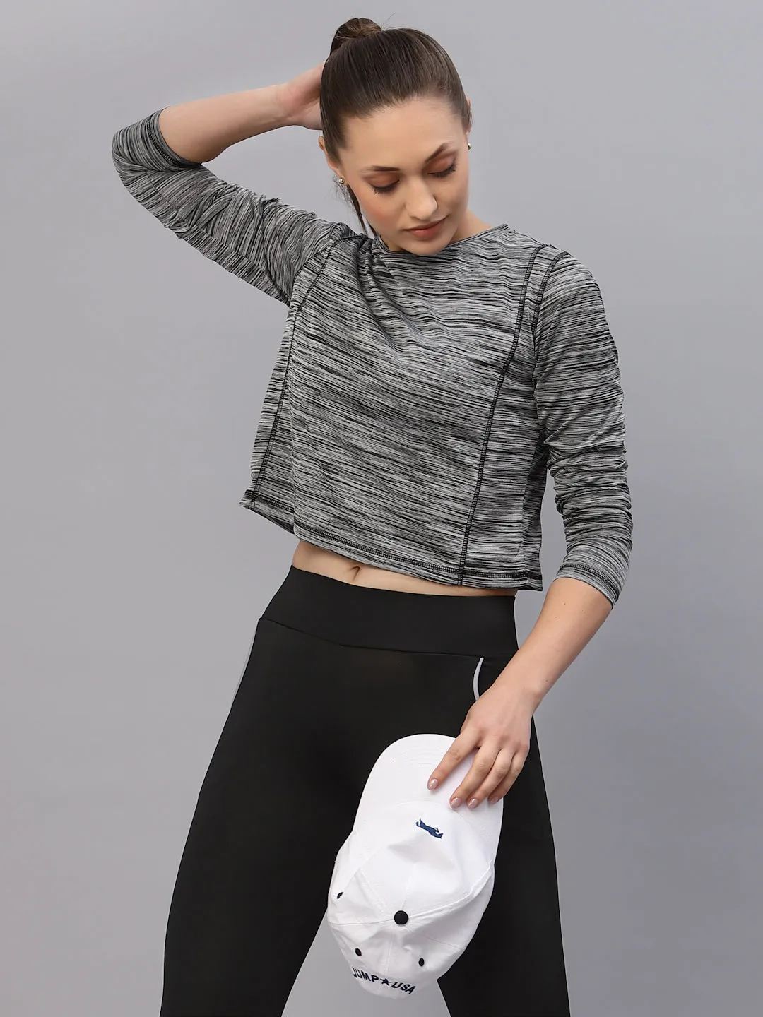 Grey Self Texture Round Neck Full Sleeve Activewear Crop Top