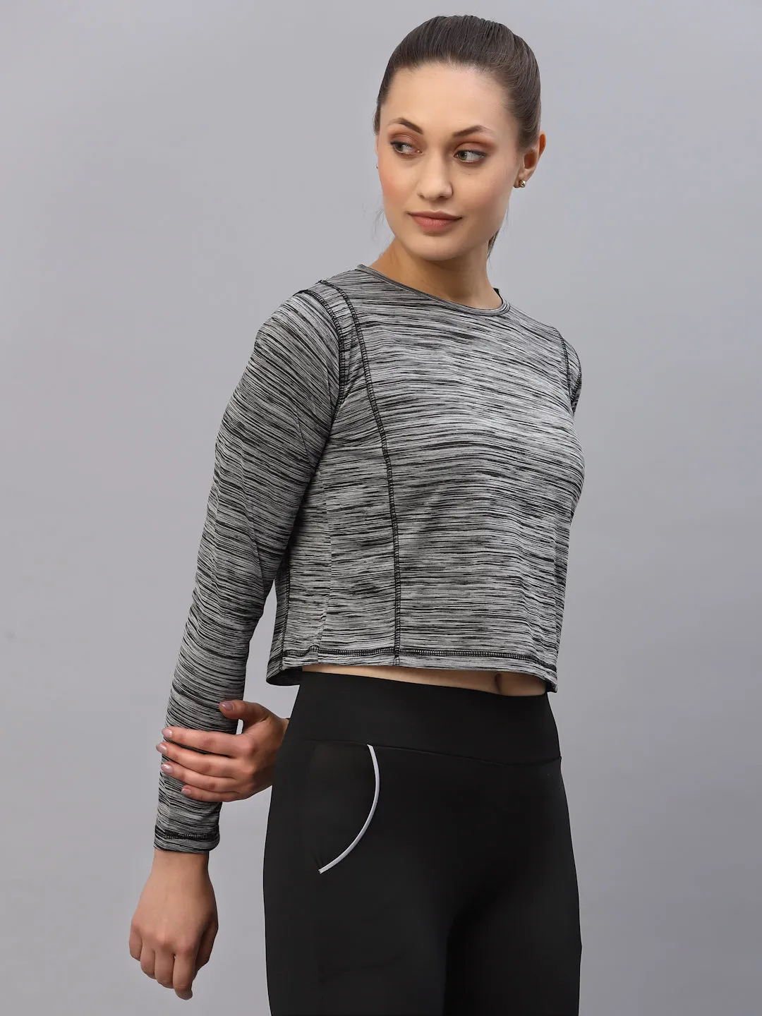 Grey Self Texture Round Neck Full Sleeve Activewear Crop Top