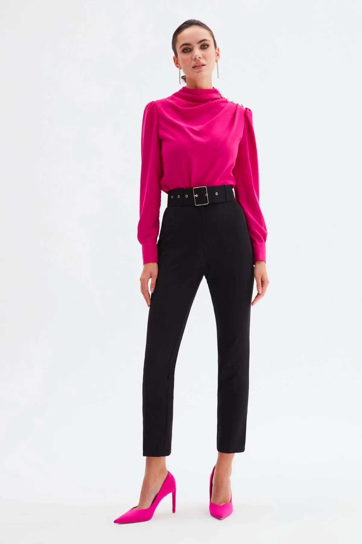 High Waist Belted Trousers - Black