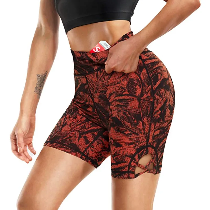 High Waist Leaf Side Hollow Inner Pocket Gym Shorts