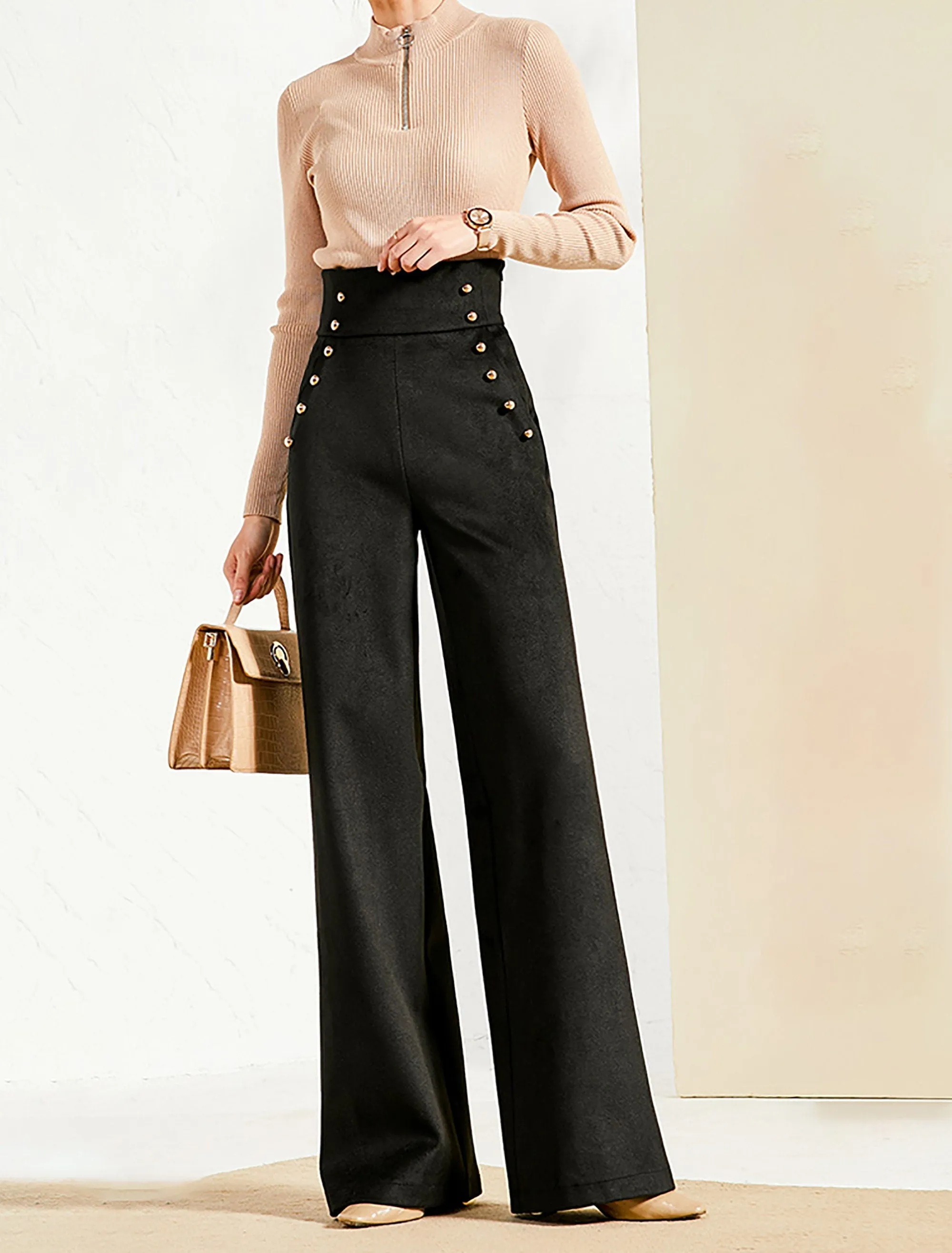 High Waist Pull-On Wide Leg Pants