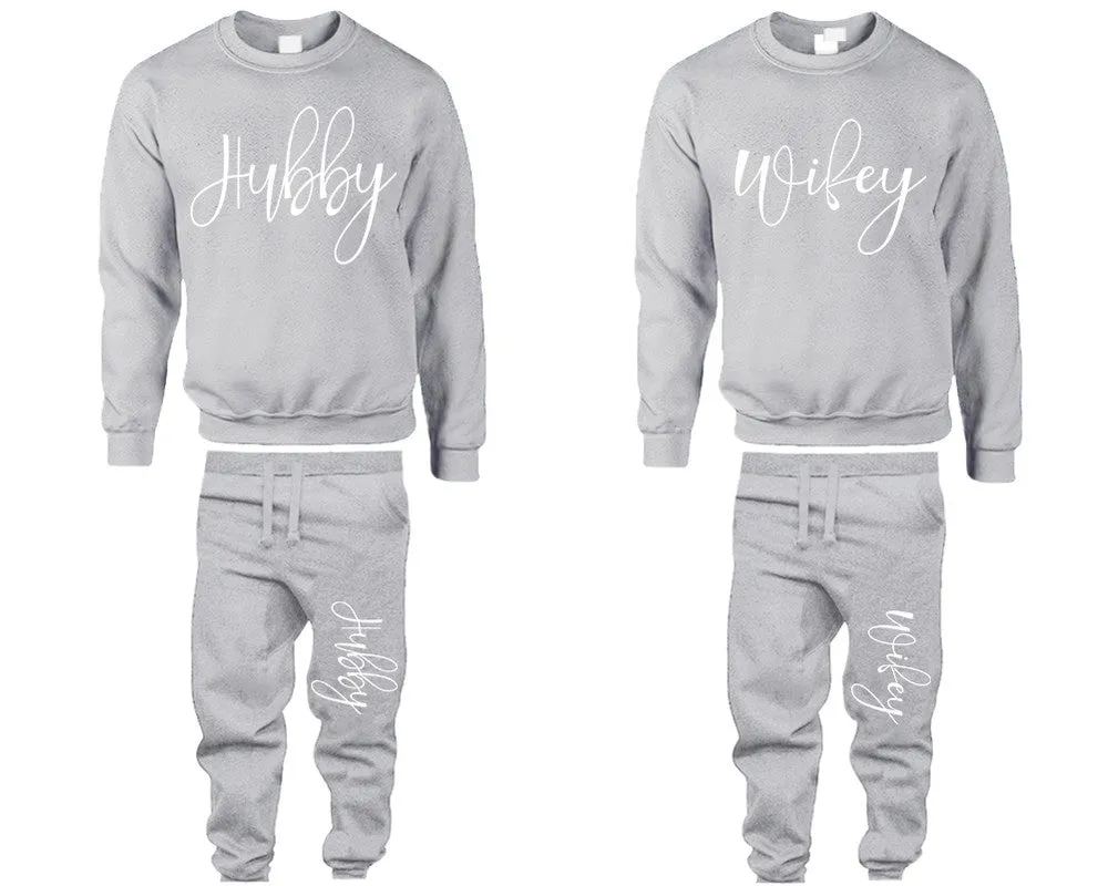 Hubby Wifey Couple Matching Crewneck Sweaters and Jogger Pants Top & Bottom Sets