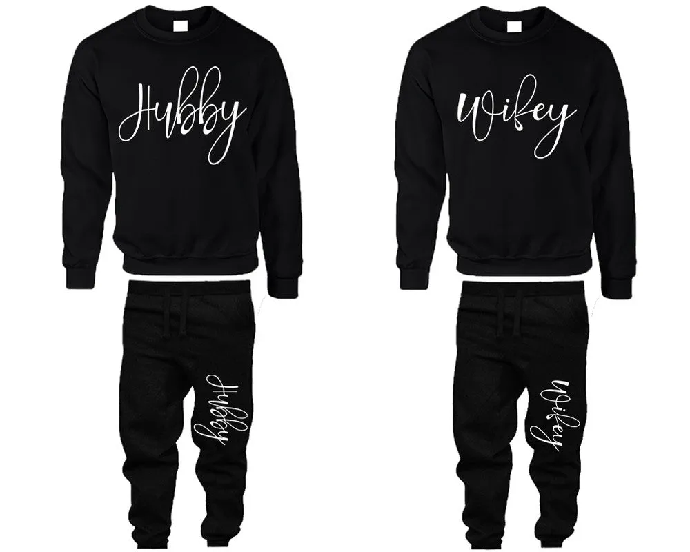 Hubby Wifey Couple Matching Crewneck Sweaters and Jogger Pants Top & Bottom Sets