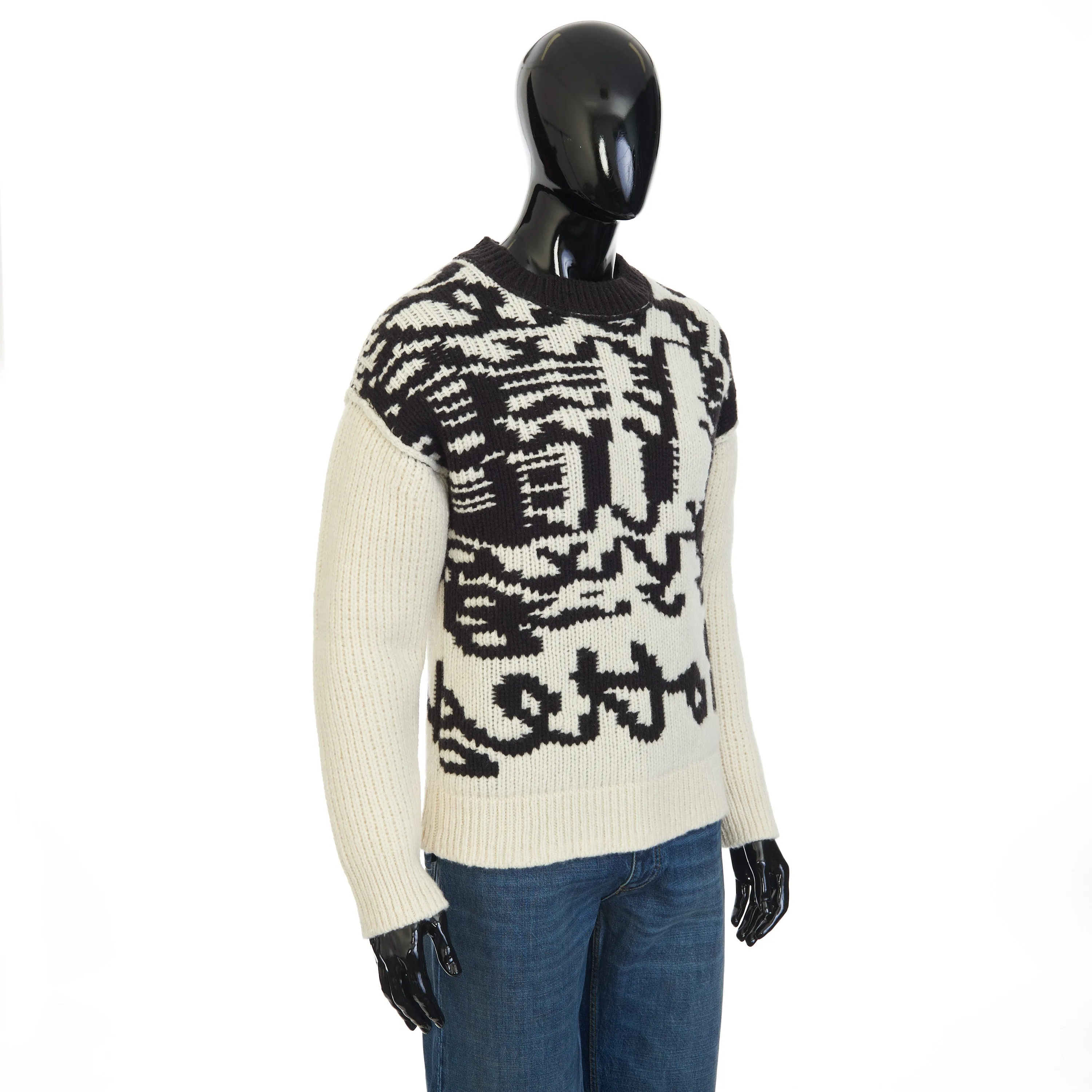 Jumper With Bottega Jacquard Graphic Writing In Black & White Wool