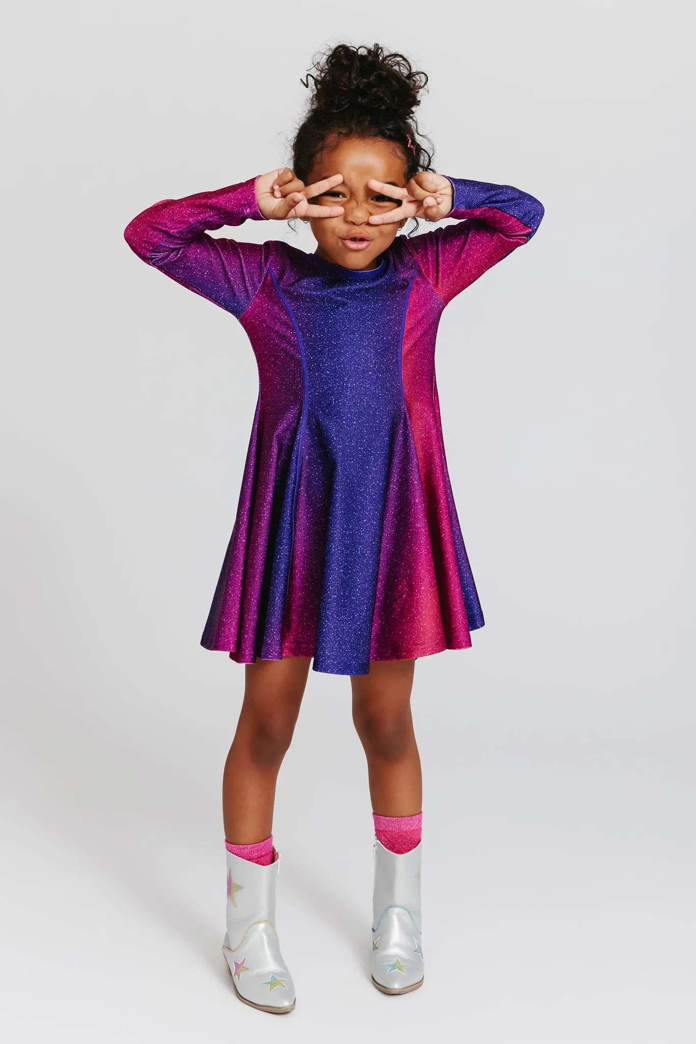 Kids Hi-Shine Long Sleeve Skater Dress in Jewel Glitter