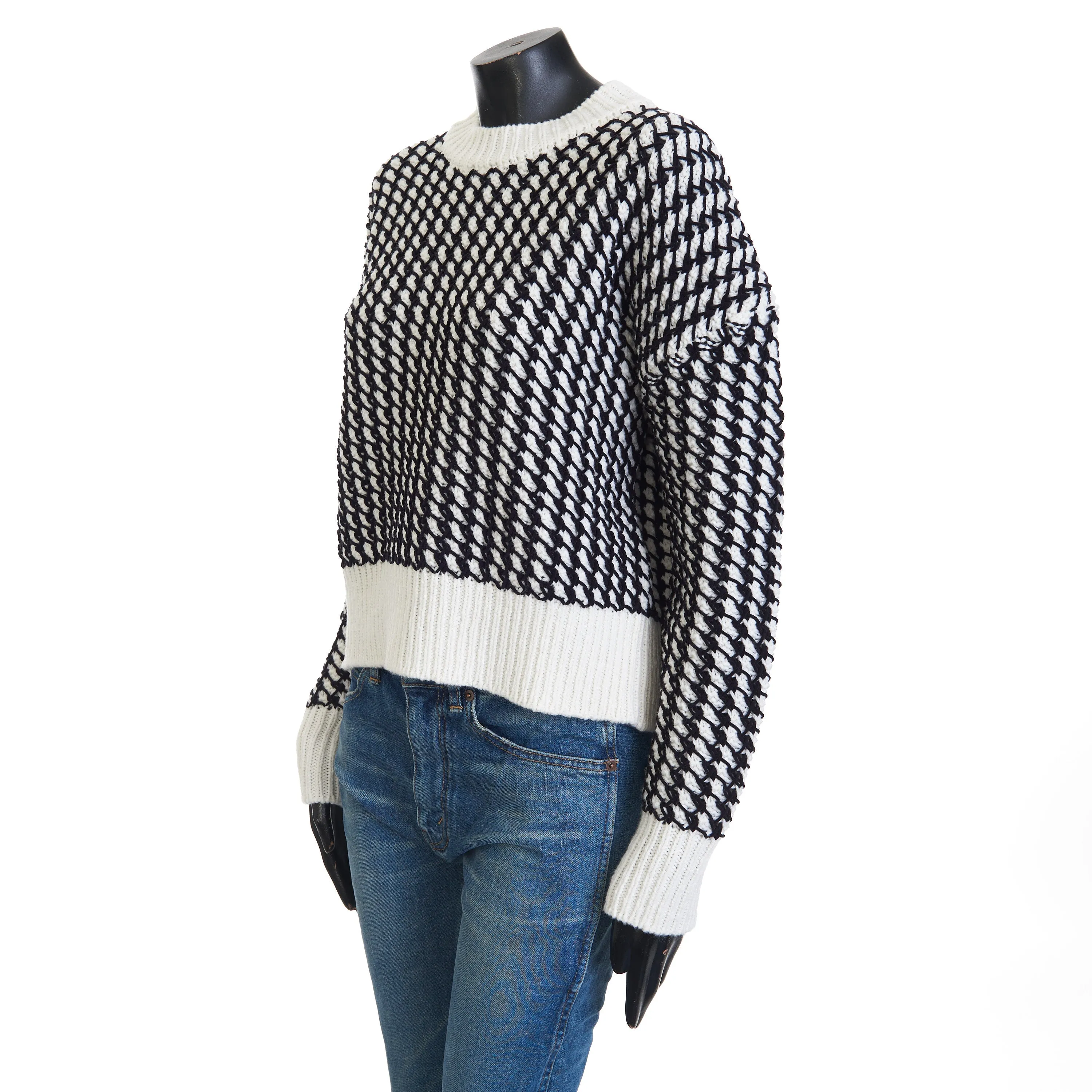 Knitted Mesh Sweater In White & Black Wool Blend