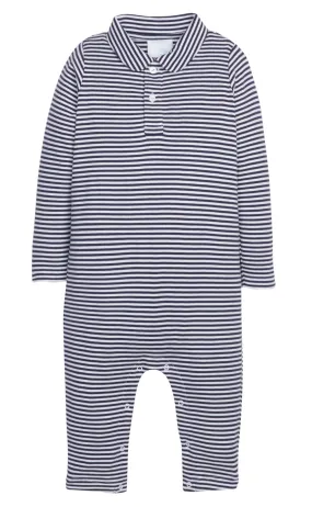 Little English Long Sleeve Polo Romper in Navy Stripe