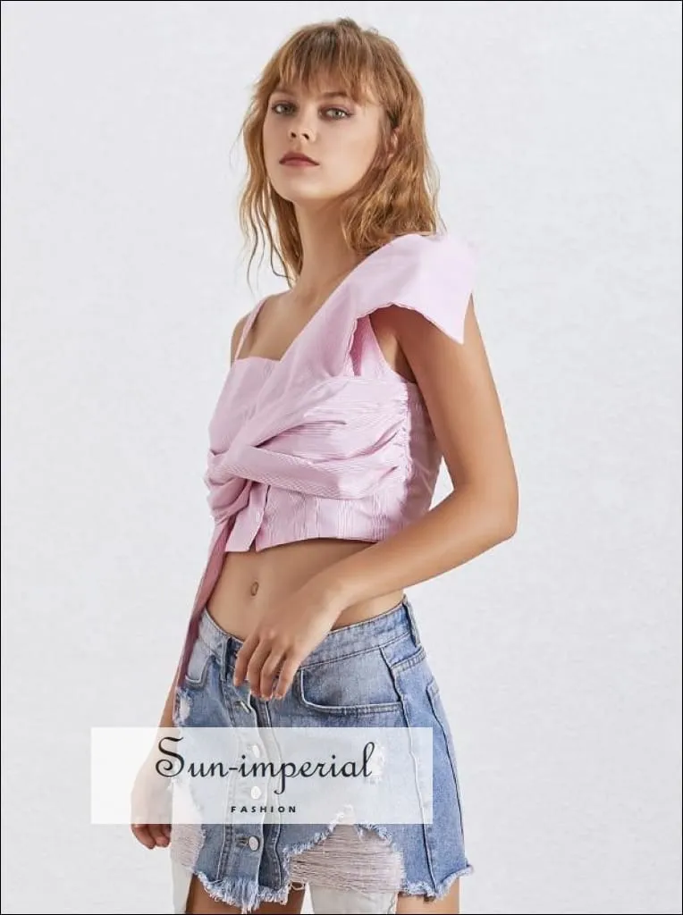 Madisyn top - Crop top Blouse Women Skew Collar Bow off Shoulder Sleeveless Striped Shirt top Female