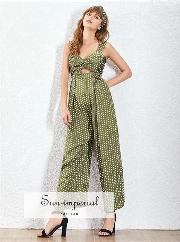 Maggie Jumpsuit - Red and Green Women Vintage Wide Leg Polka Dot Jumpsuit Sleeveless High Waist