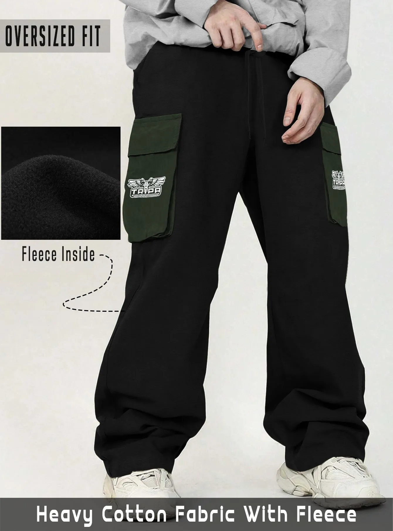 Men Black Olive Green Printed Baggy fit oversized Cargo Jogger