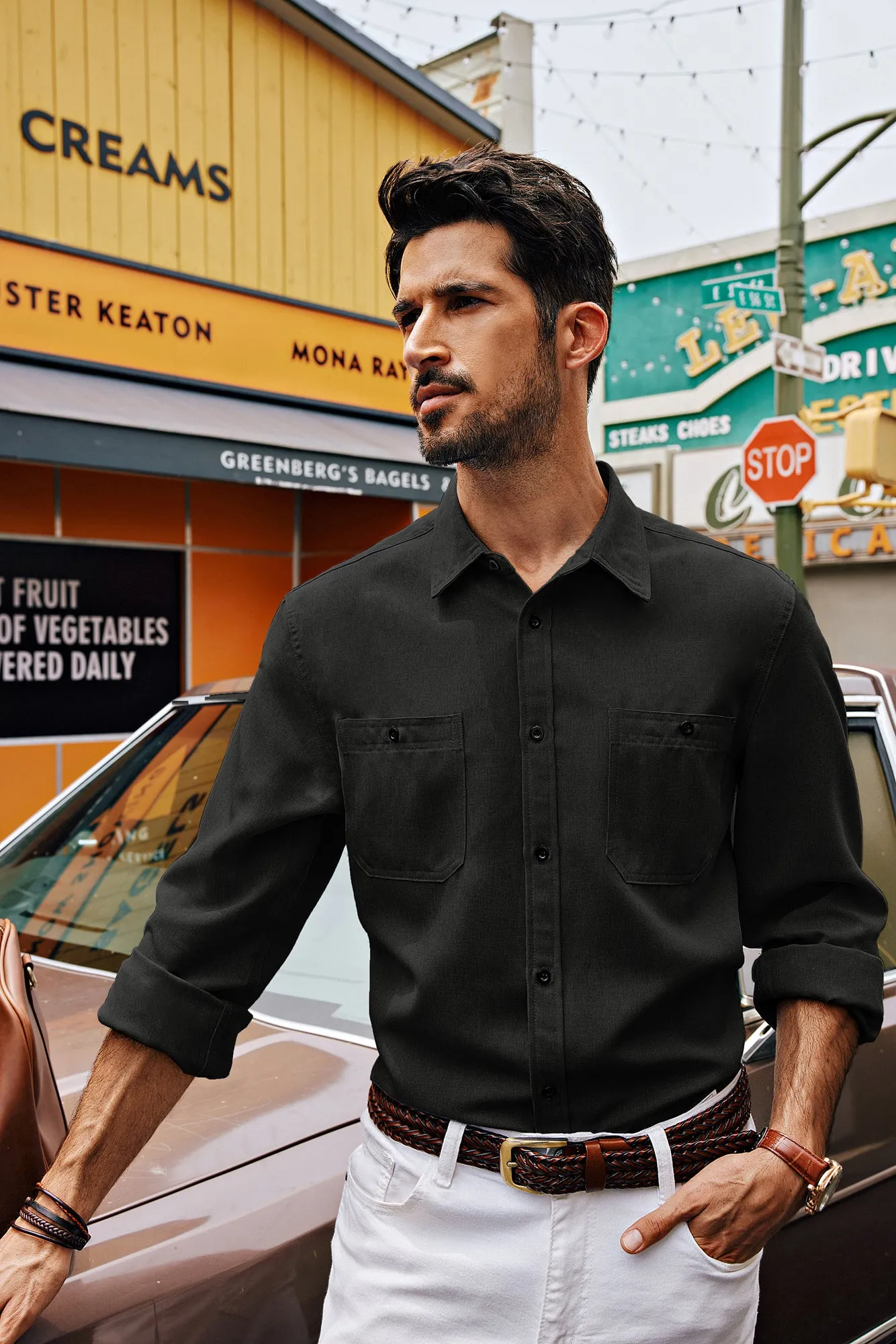 Men Curved Hem Shirt Casual Long Sleeve Classic Collar Button-up Tops