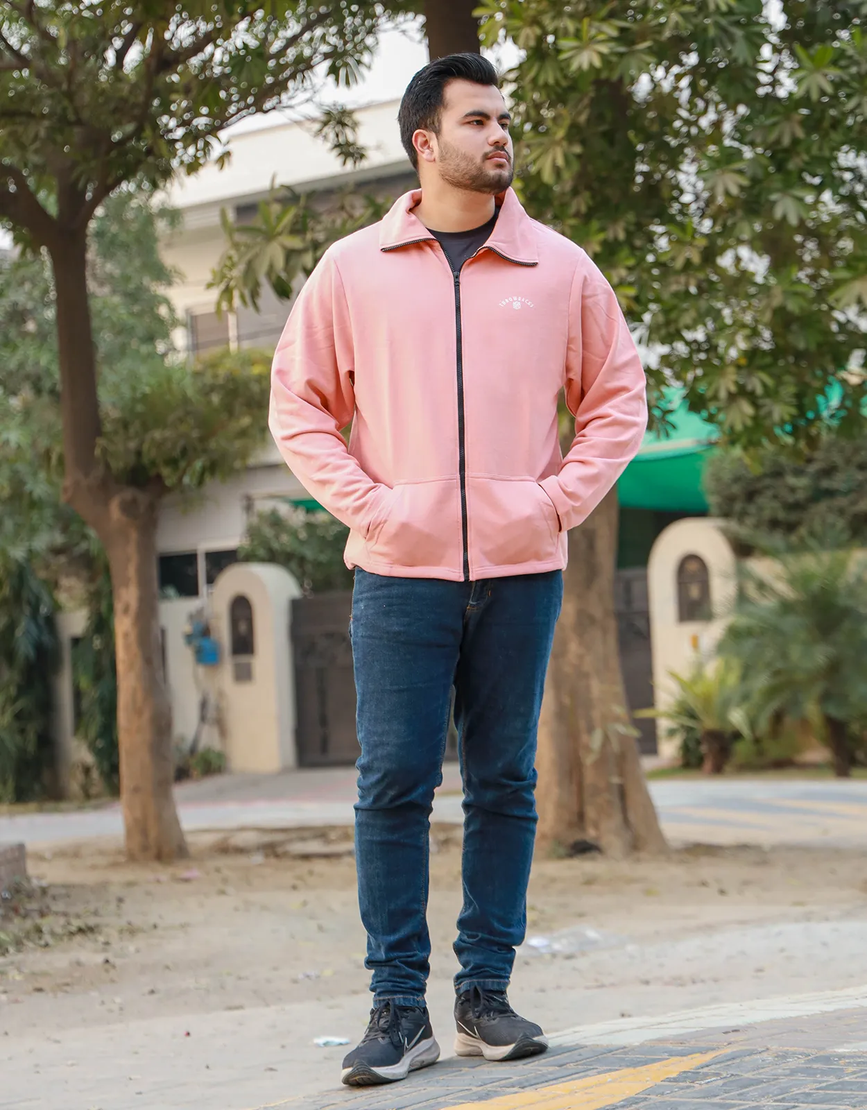 Men Fashion Pink Mock Neck Zipper