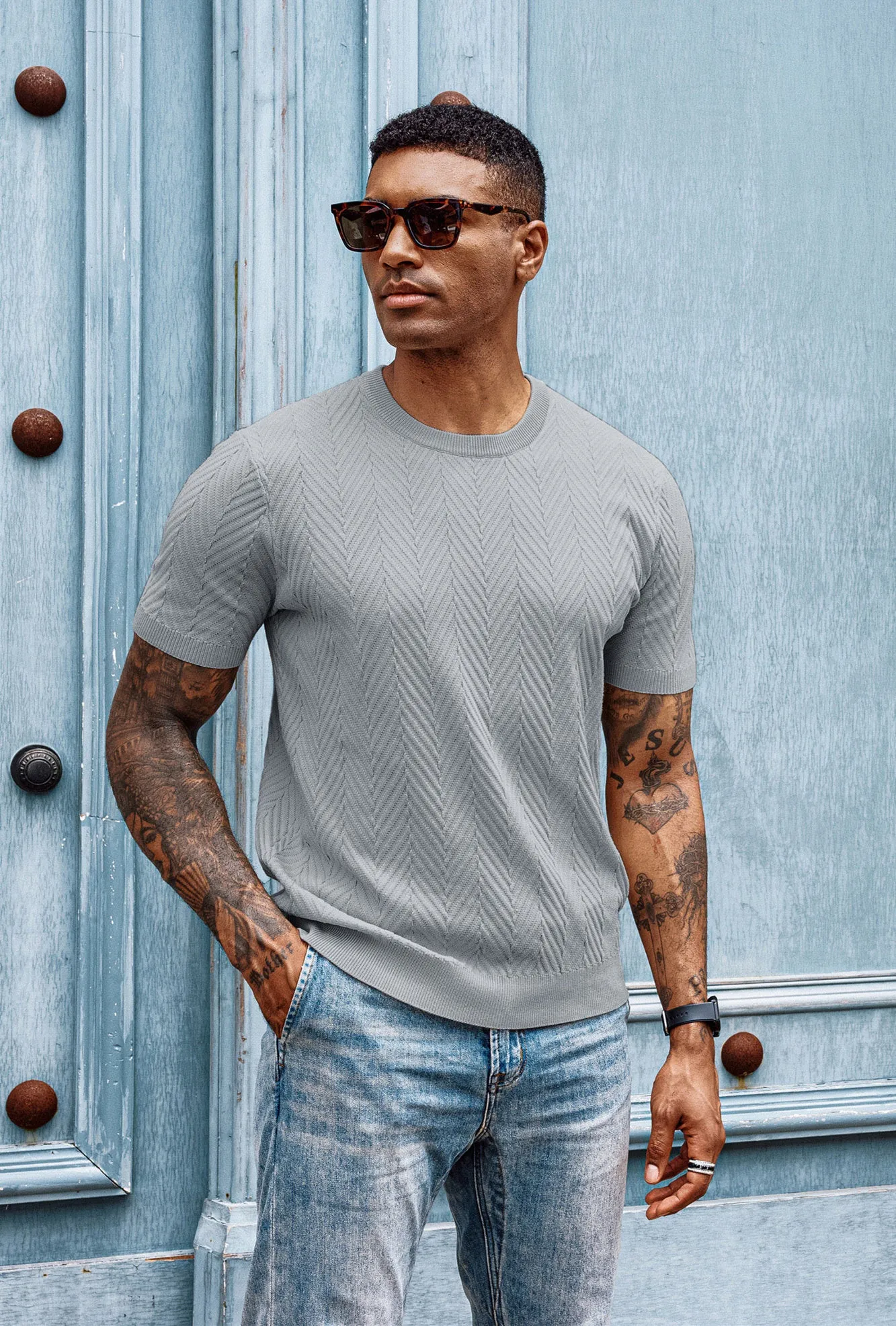 Men Herringbone Textured Sweater Short Sleeve Crew Neck Knitted T-Shirt