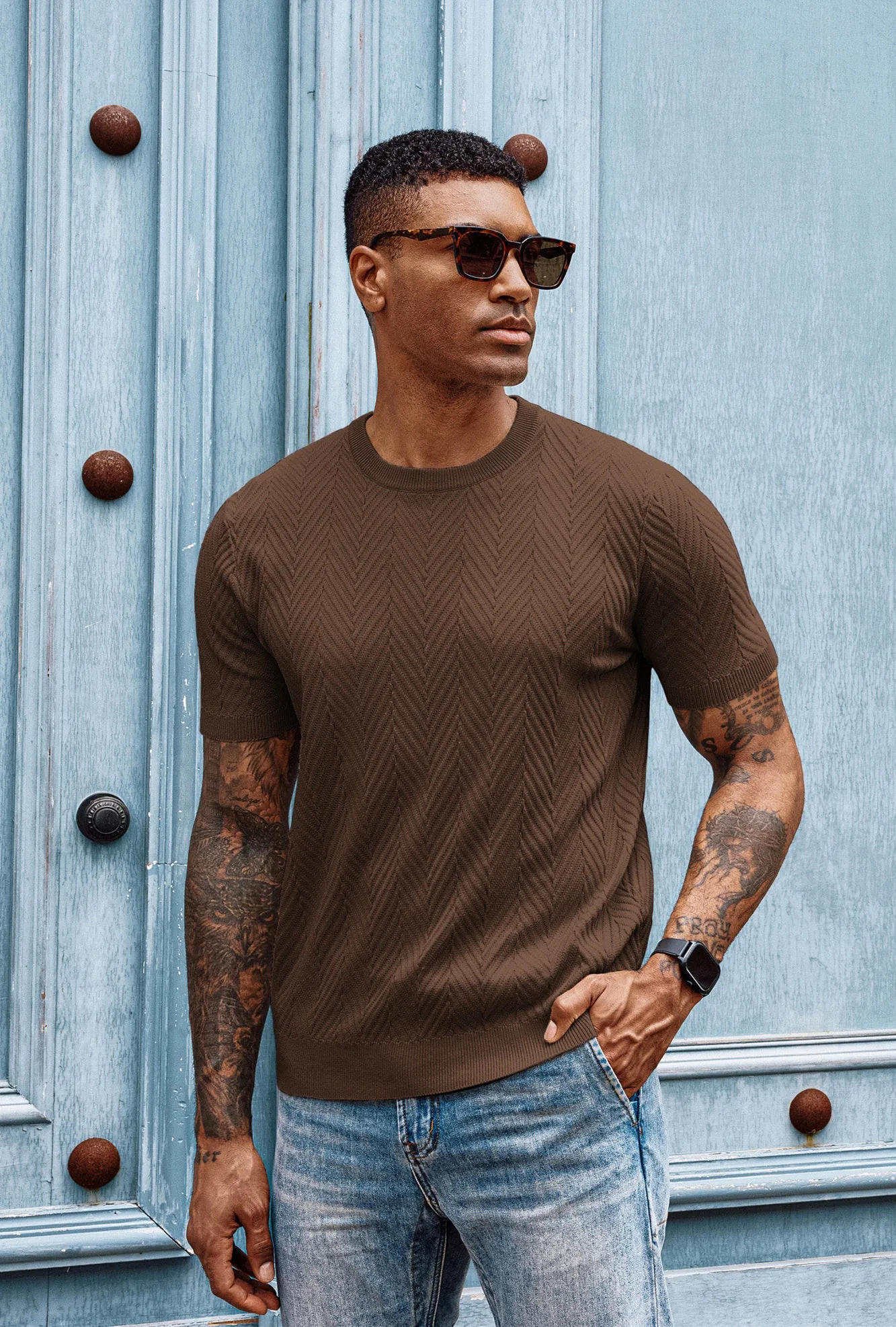 Men Herringbone Textured Sweater Short Sleeve Crew Neck Knitted T-Shirt