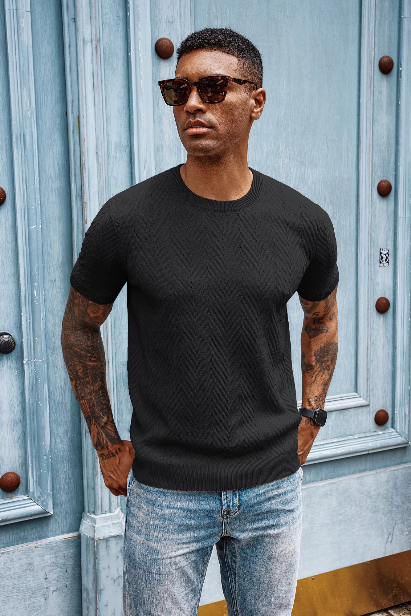 Men Herringbone Textured Sweater Short Sleeve Crew Neck Knitted T-Shirt