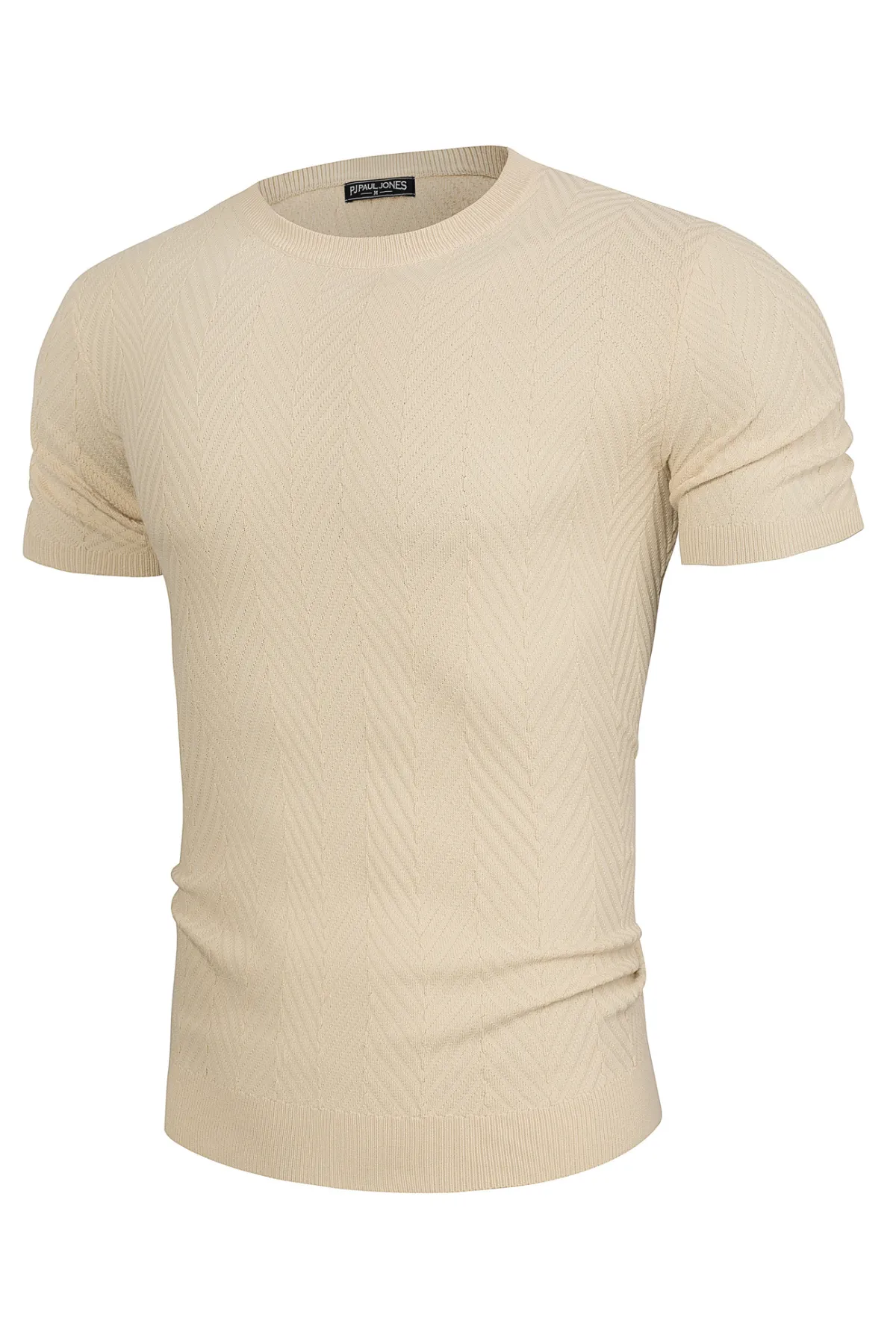 Men Herringbone Textured Sweater Short Sleeve Crew Neck Knitted T-Shirt