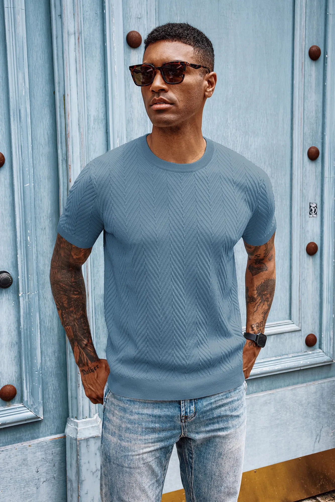 Men Herringbone Textured Sweater Short Sleeve Crew Neck Knitted T-Shirt