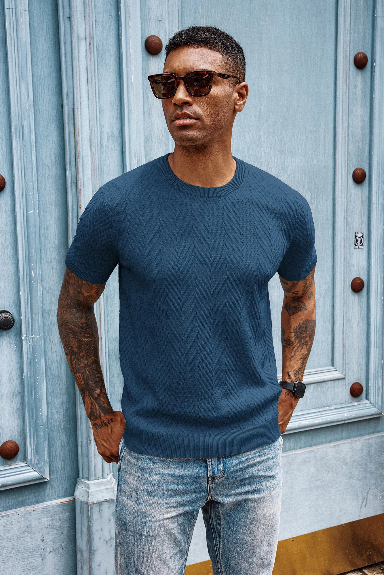 Men Herringbone Textured Sweater Short Sleeve Crew Neck Knitted T-Shirt