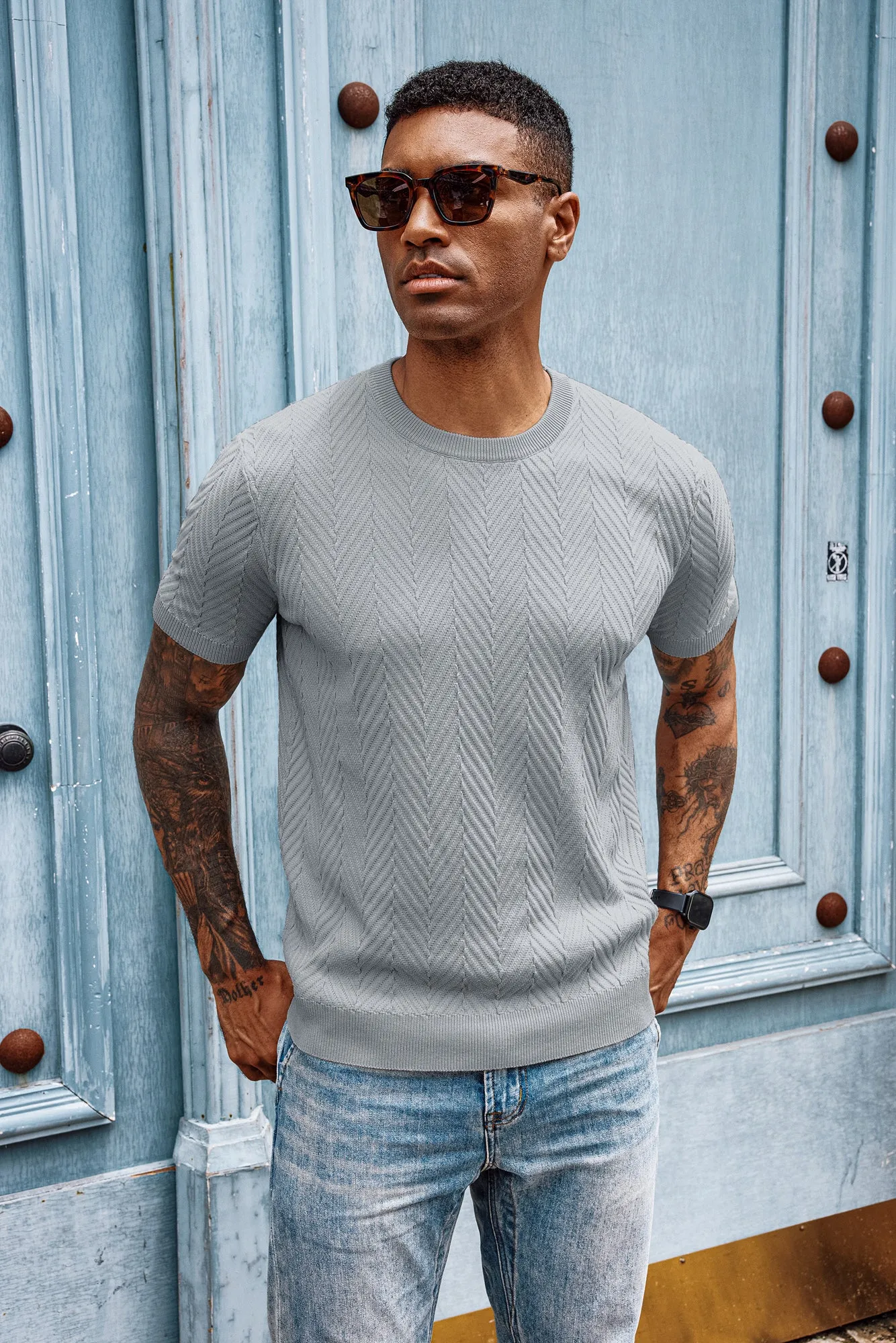 Men Herringbone Textured Sweater Short Sleeve Crew Neck Knitted T-Shirt