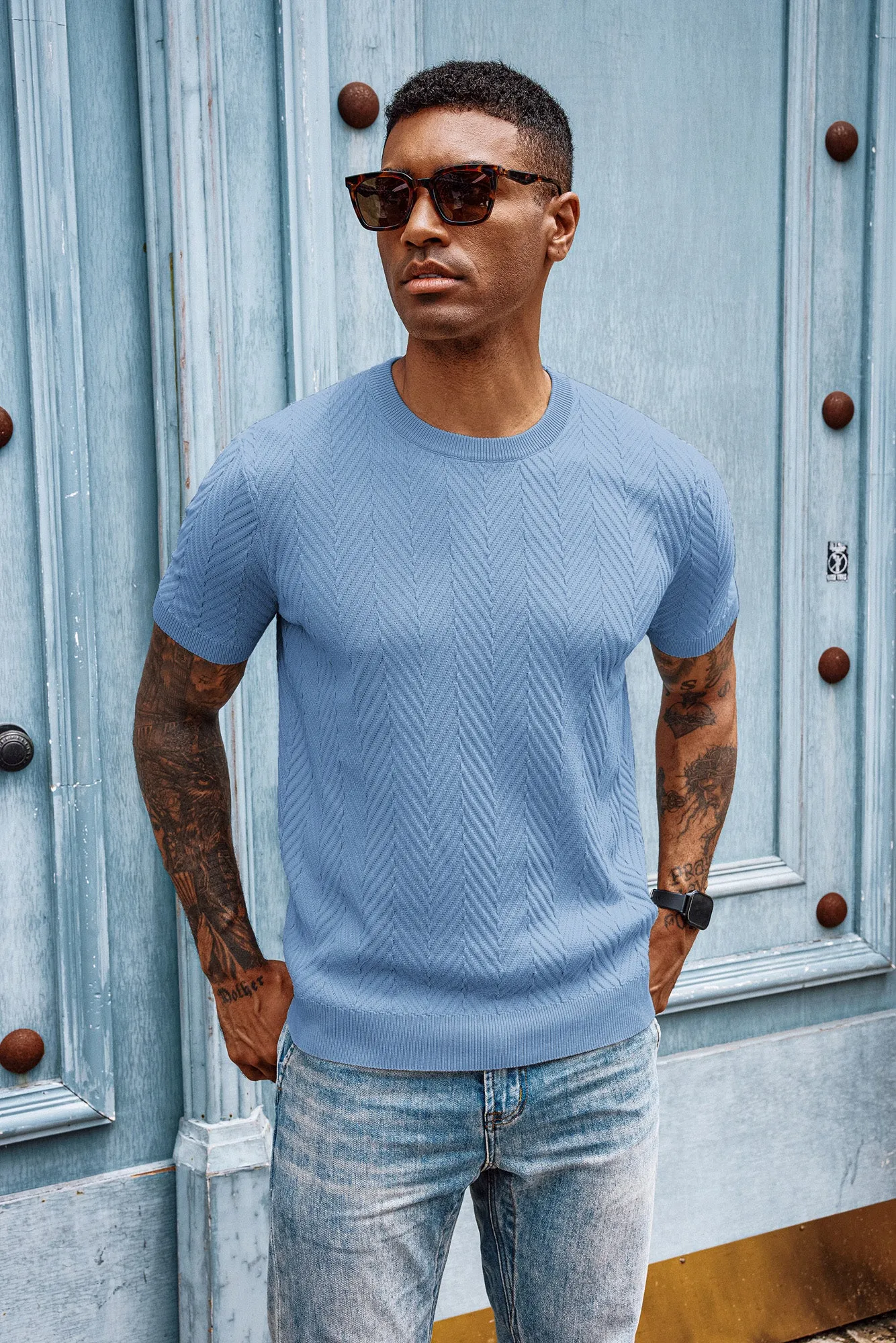 Men Herringbone Textured Sweater Short Sleeve Crew Neck Knitted T-Shirt