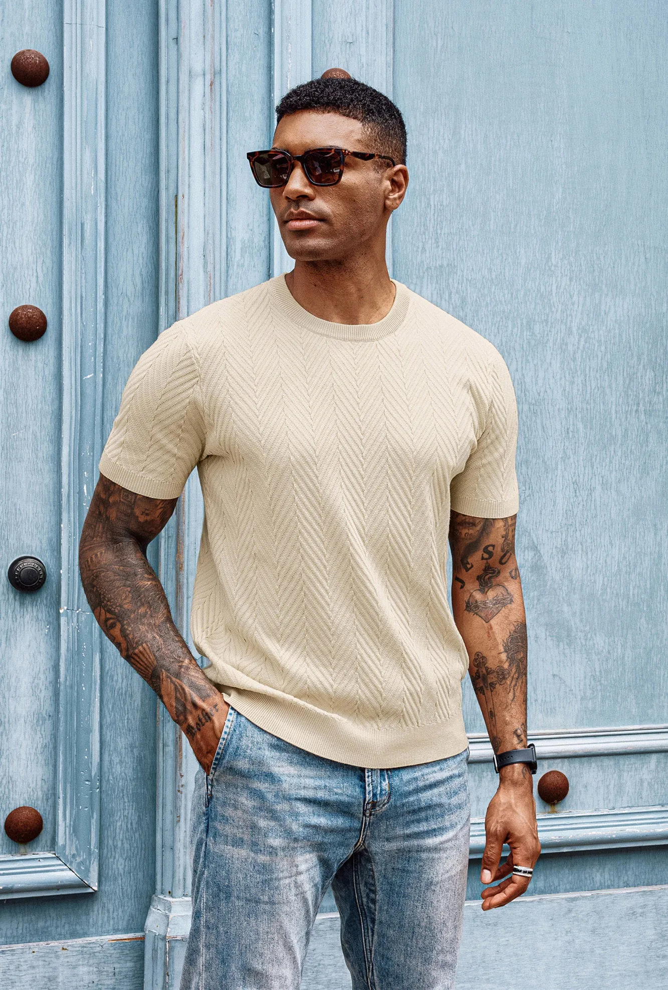 Men Herringbone Textured Sweater Short Sleeve Crew Neck Knitted T-Shirt