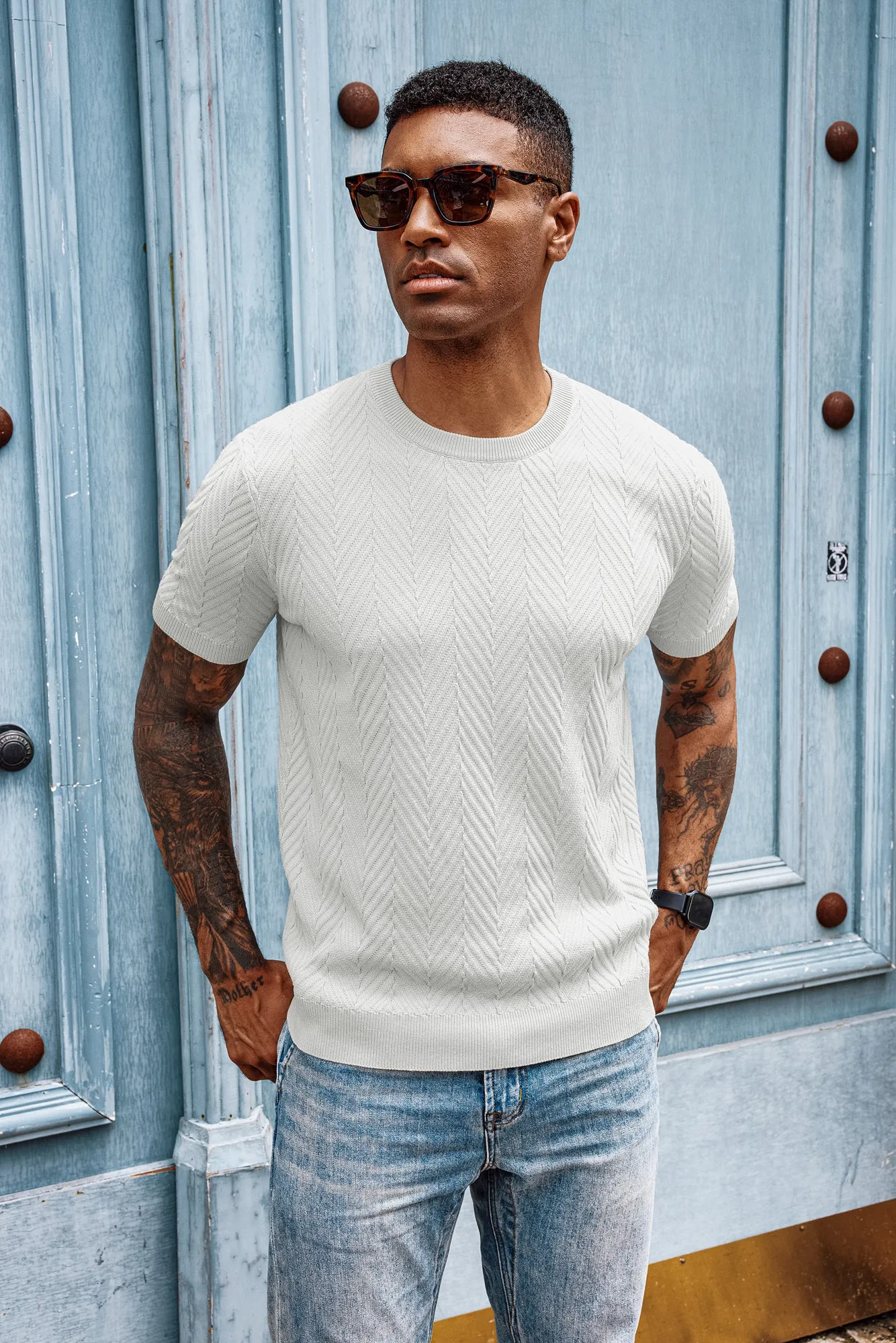 Men Herringbone Textured Sweater Short Sleeve Crew Neck Knitted T-Shirt