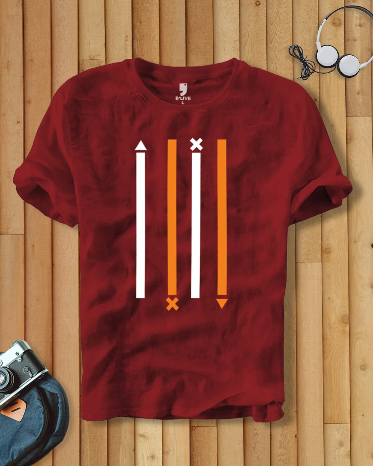 Men Maroon Line Printed T-shirt