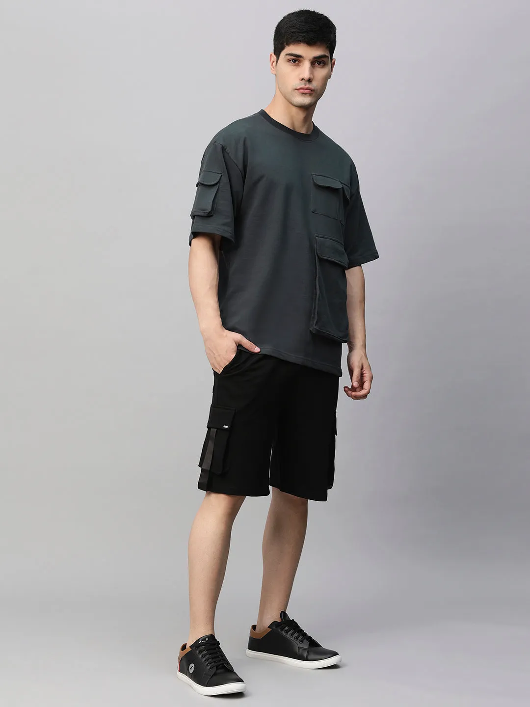 Men Premium Cargo Co-ord Set - Dark Grey & Black