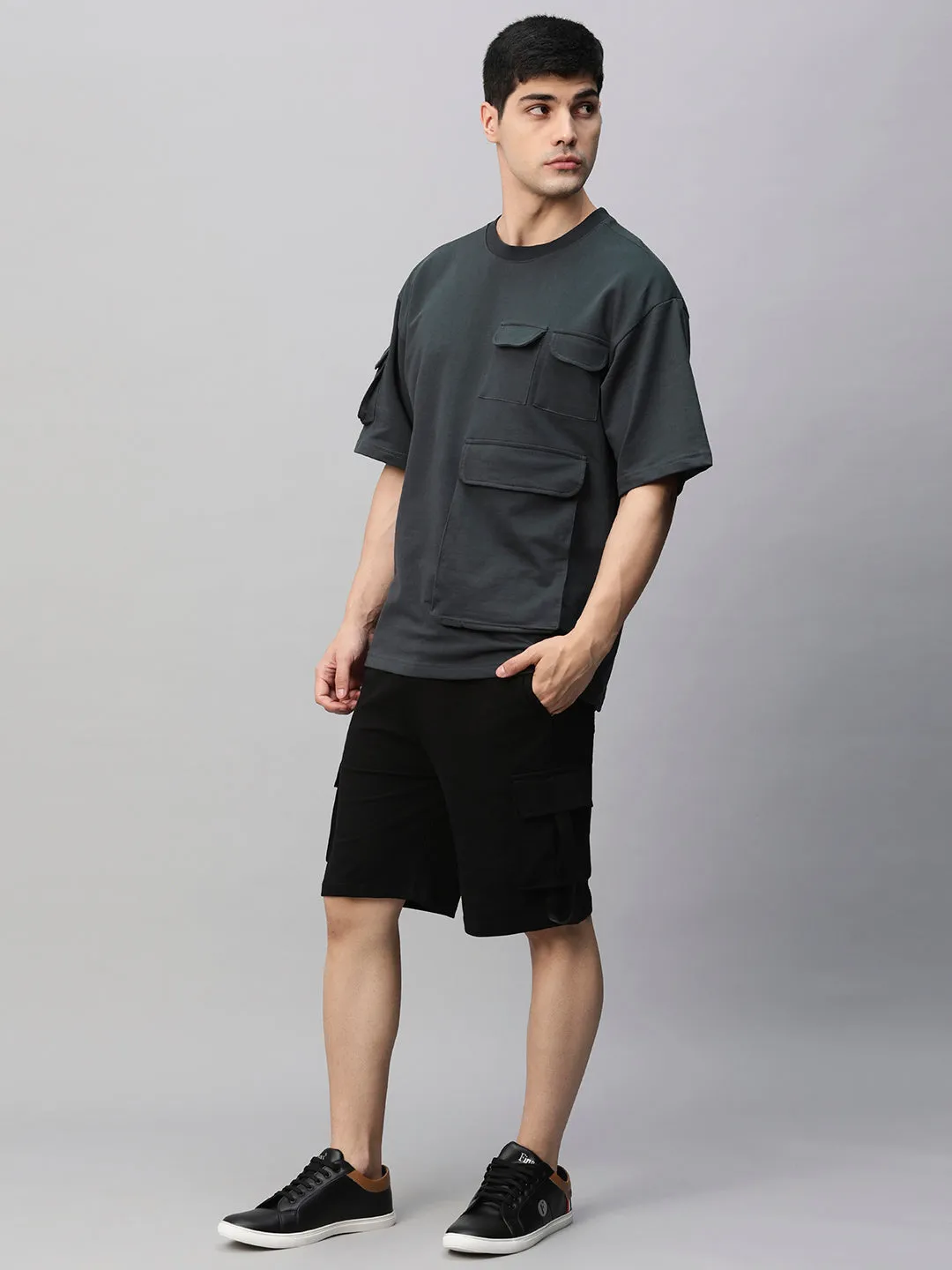 Men Premium Cargo Co-ord Set - Dark Grey & Black