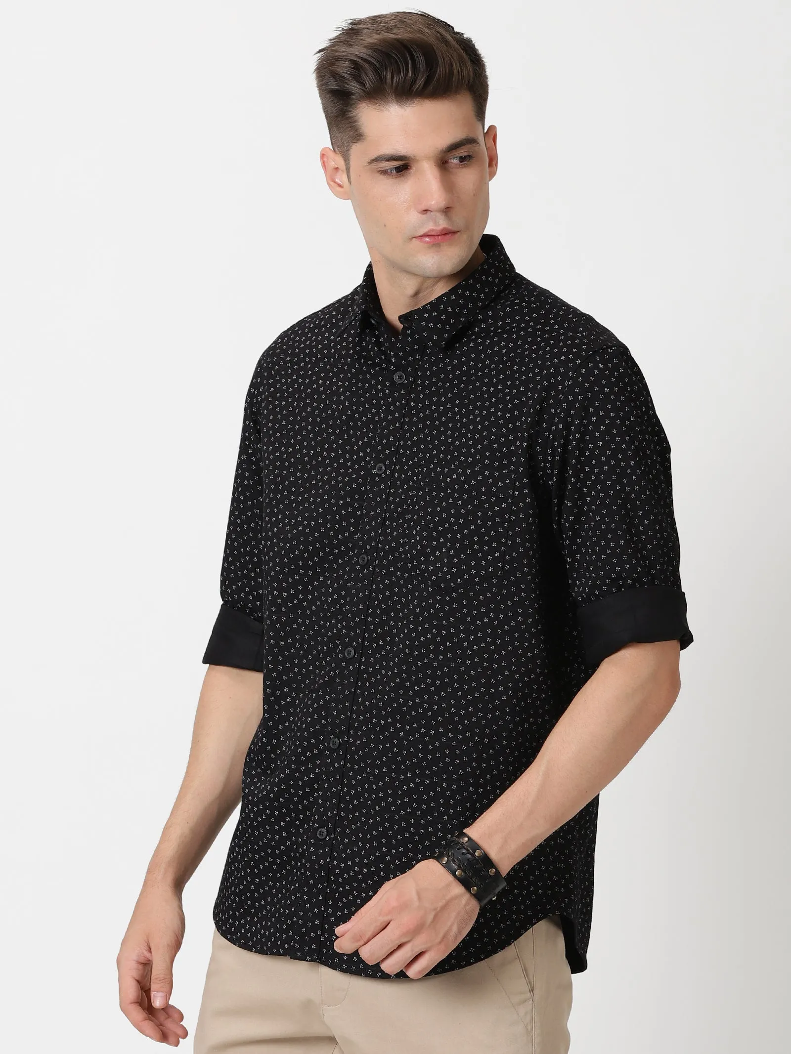 MEN'S BLACK PRINT SLIM FIT SHIRT