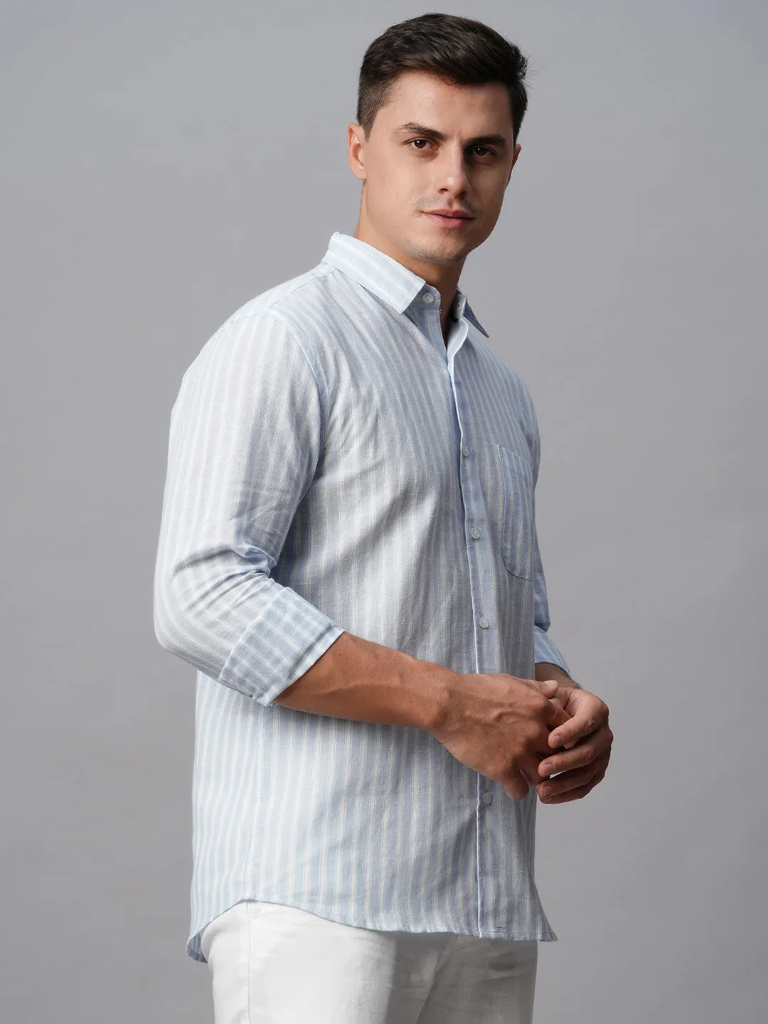 Men's Blue Linen Cotton Regular Fit Striped Shirt