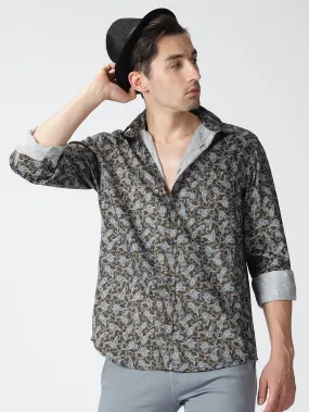 MEN'S BROWN PRINT SLIM FIT SHIRT