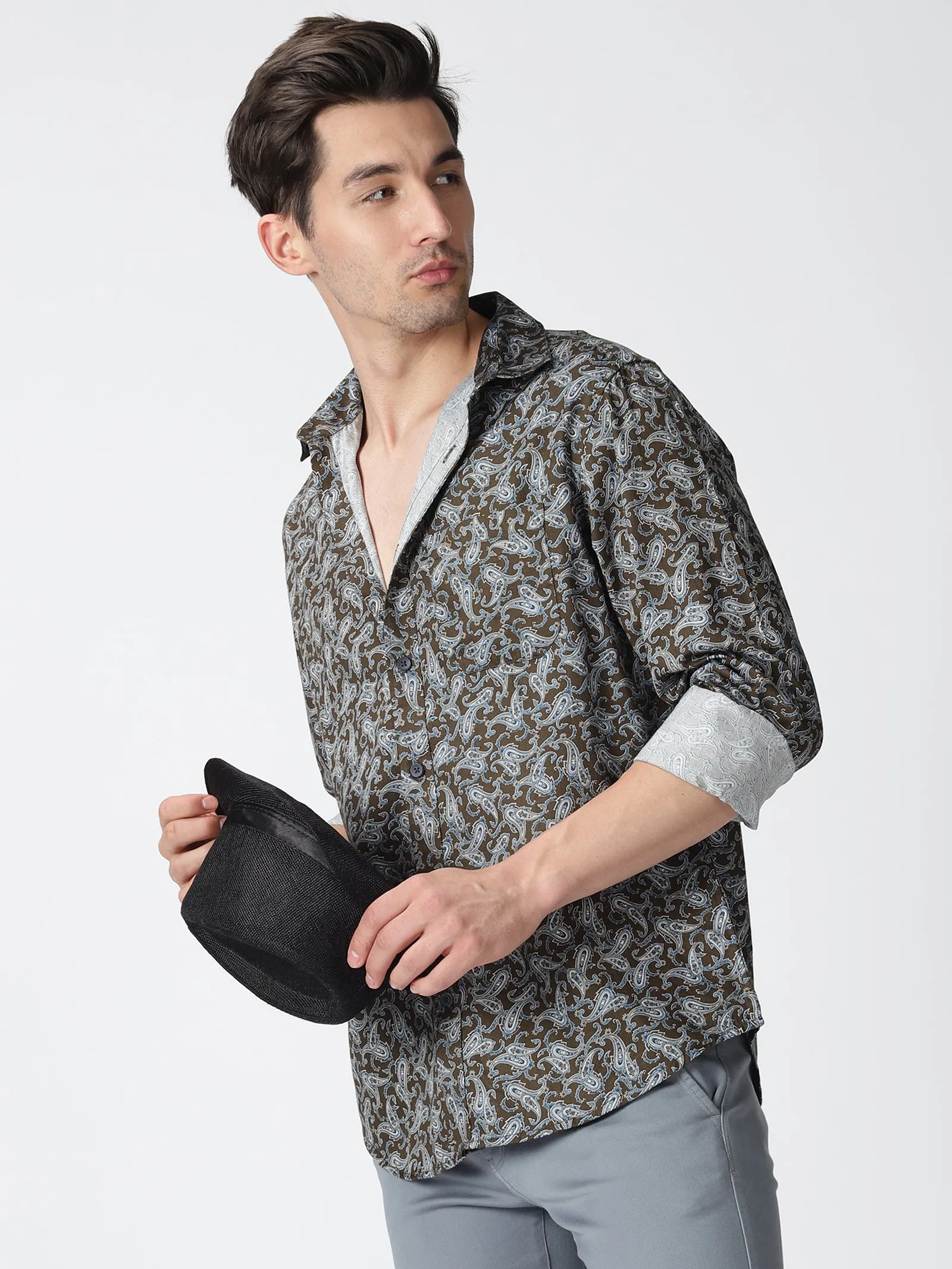 MEN'S BROWN PRINT SLIM FIT SHIRT