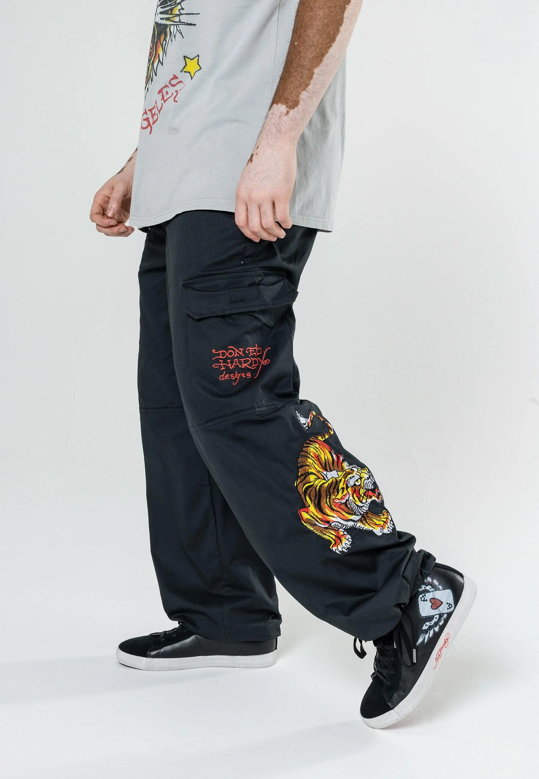 Mens Double Tiger Cargo Pants Trousers - Black