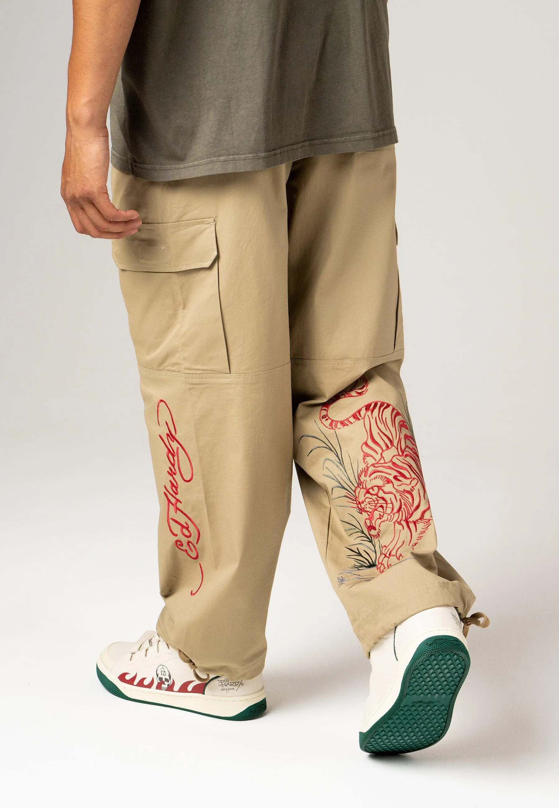 Mens Jungle Tiger Cargo Pants Trousers - Pebble