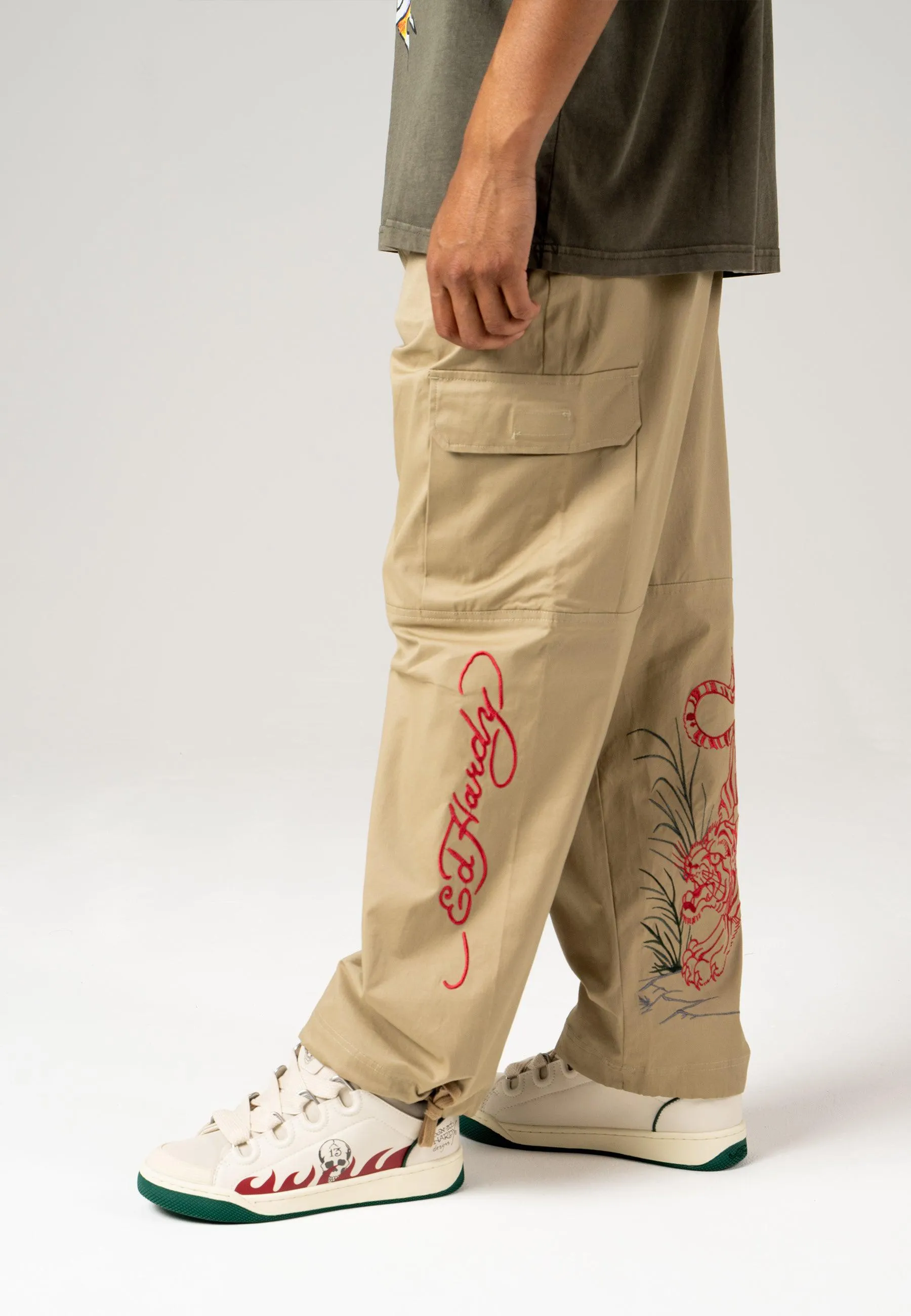 Mens Jungle Tiger Cargo Pants Trousers - Pebble