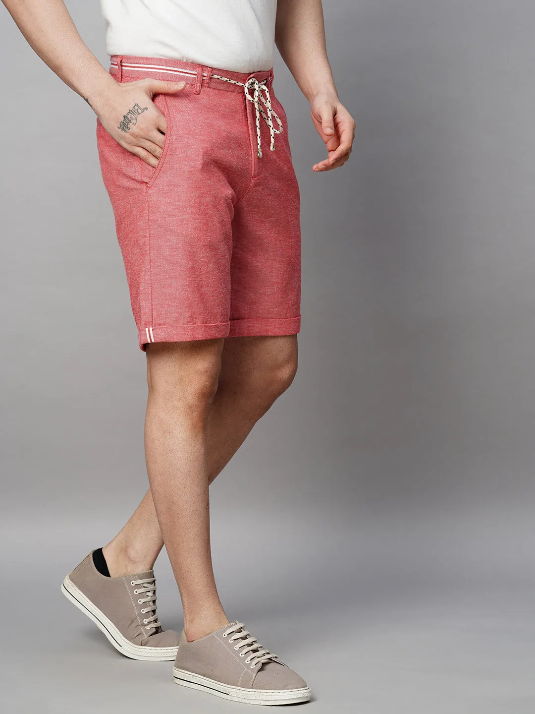 Men's Red Cotton Linen Regular Fit Shorts