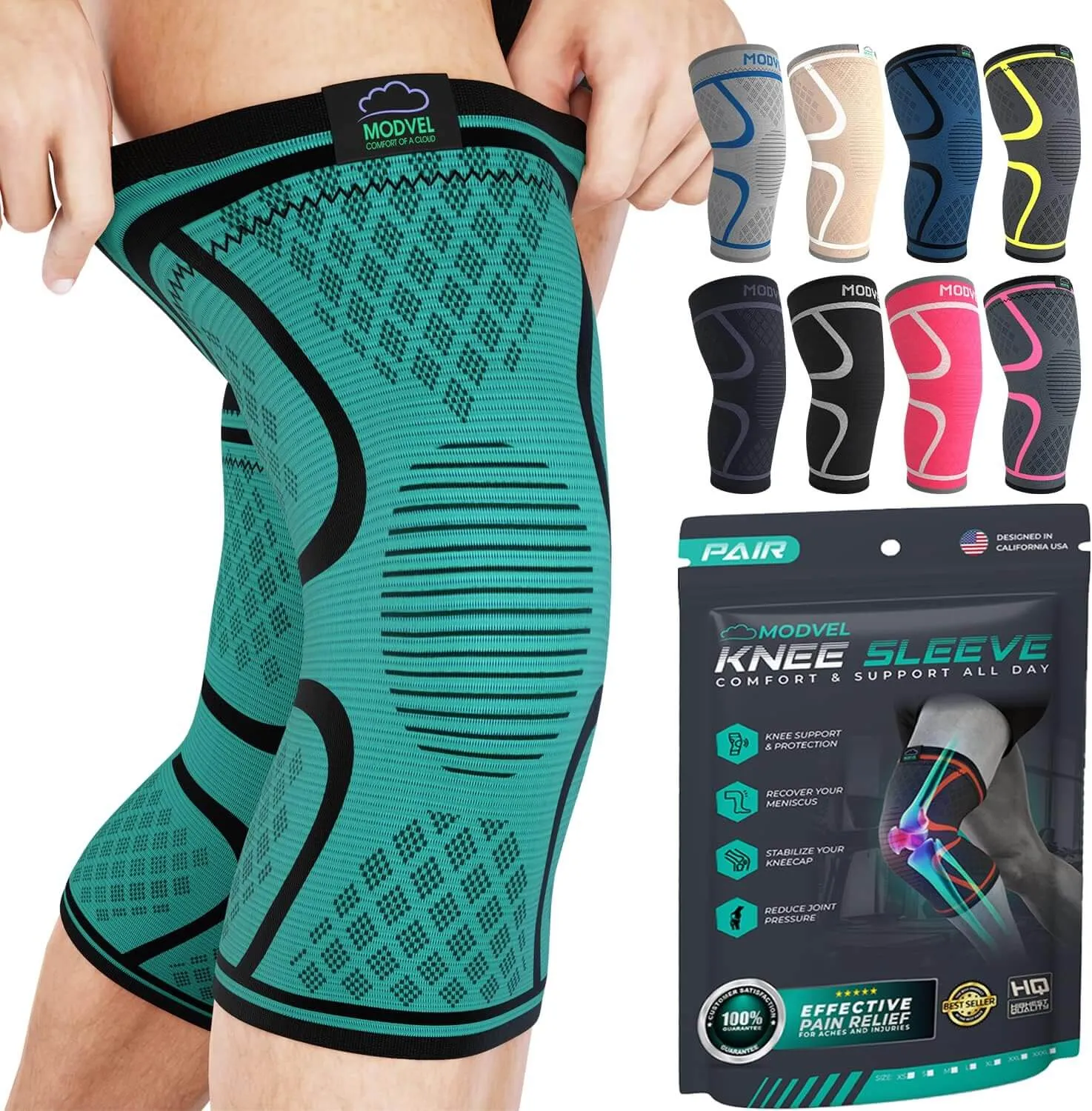 Modvel Knee Sleeve - Support & Pain Relief (Pair) for Men and Women | Ideal for Knee Stability, Workout, Sports, and Recovery