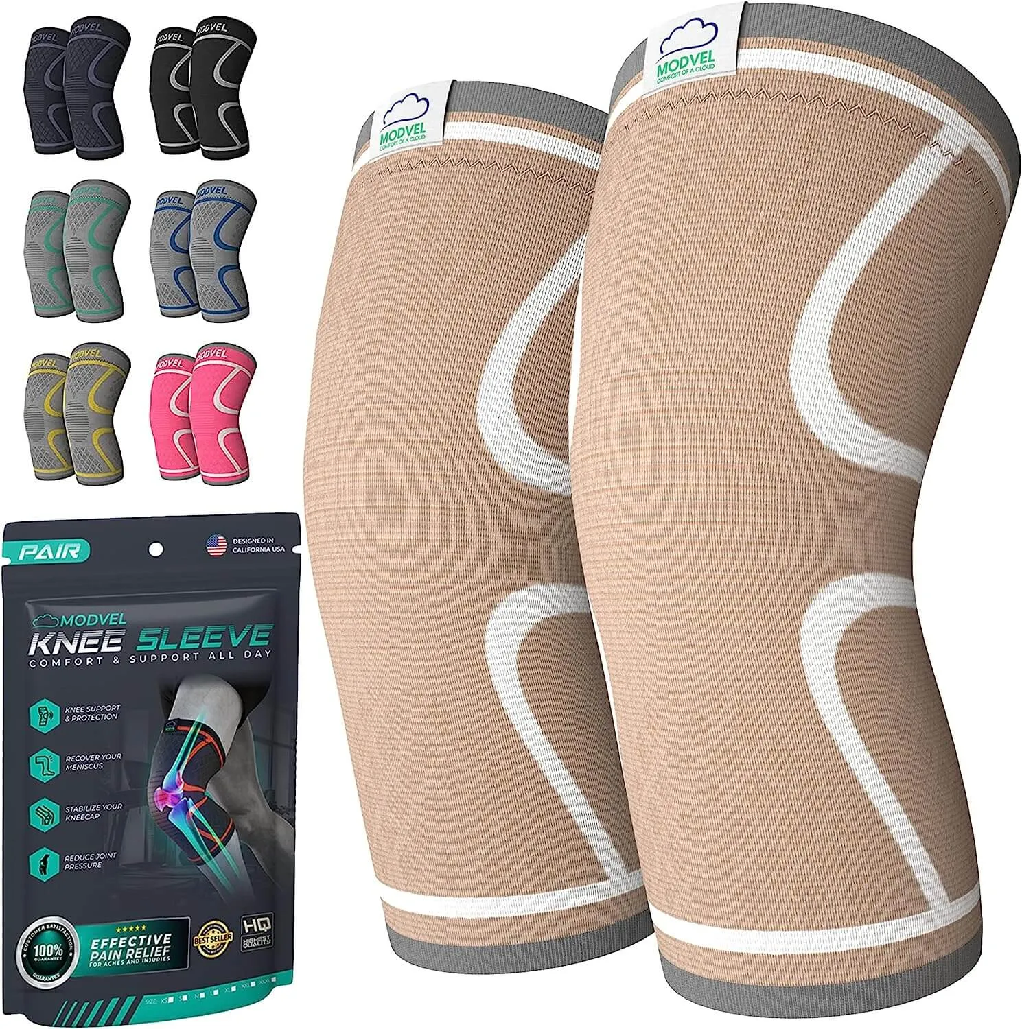 Modvel Knee Sleeve - Support & Pain Relief (Pair) for Men and Women | Ideal for Knee Stability, Workout, Sports, and Recovery