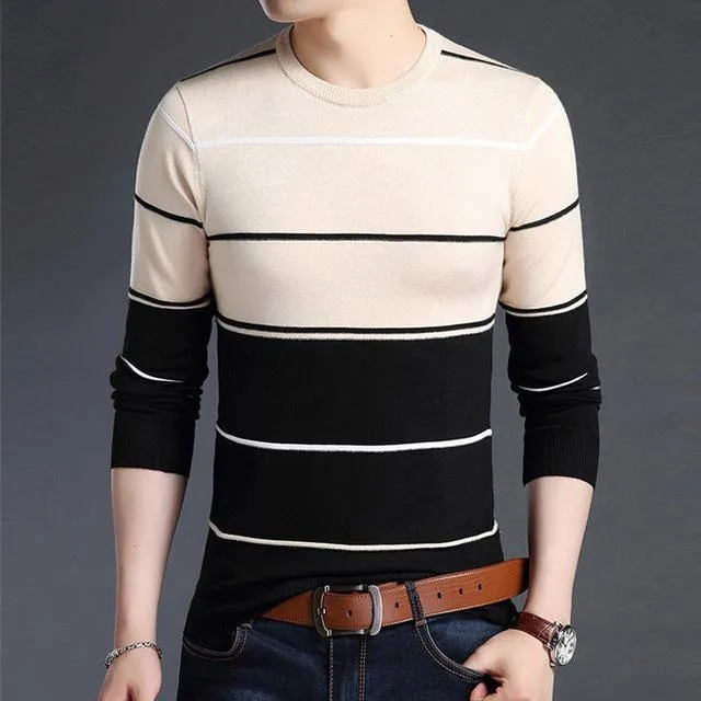 Mwxsd Casual Men's winter O-Neck Striped pullover Sweaters Slim Fit Knitting Mens cotton Sweaters High Quality male Pullovers