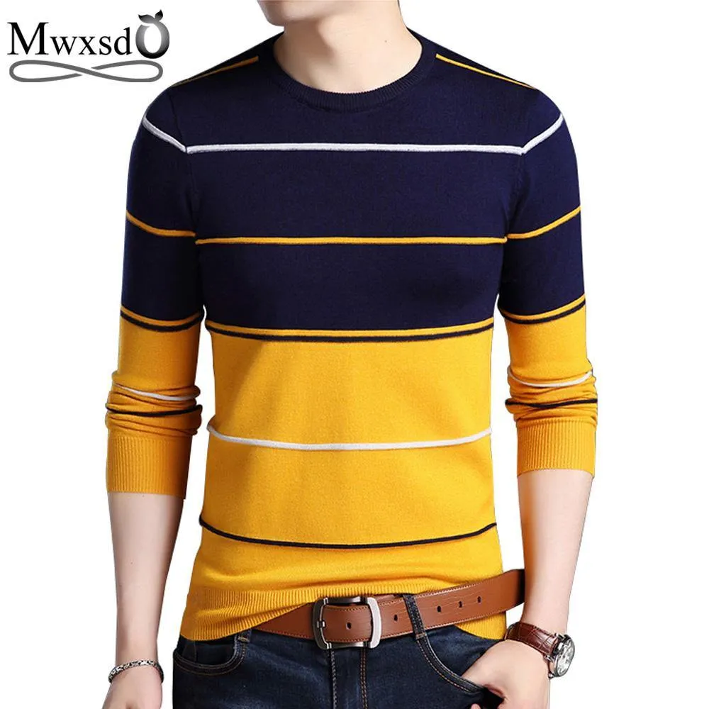 Mwxsd Casual Men's winter O-Neck Striped pullover Sweaters Slim Fit Knitting Mens cotton Sweaters High Quality male Pullovers