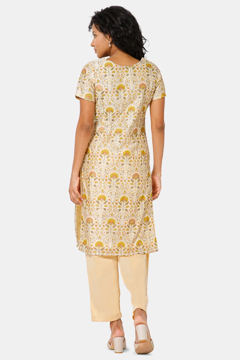 Mythri Boat Neck Short Sleeve Straight Kurti  - Yellow -  KU57