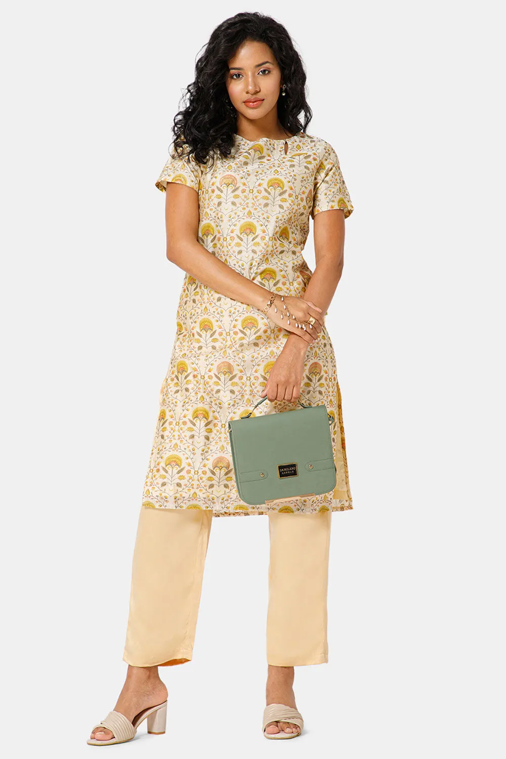 Mythri Boat Neck Short Sleeve Straight Kurti  - Yellow -  KU57