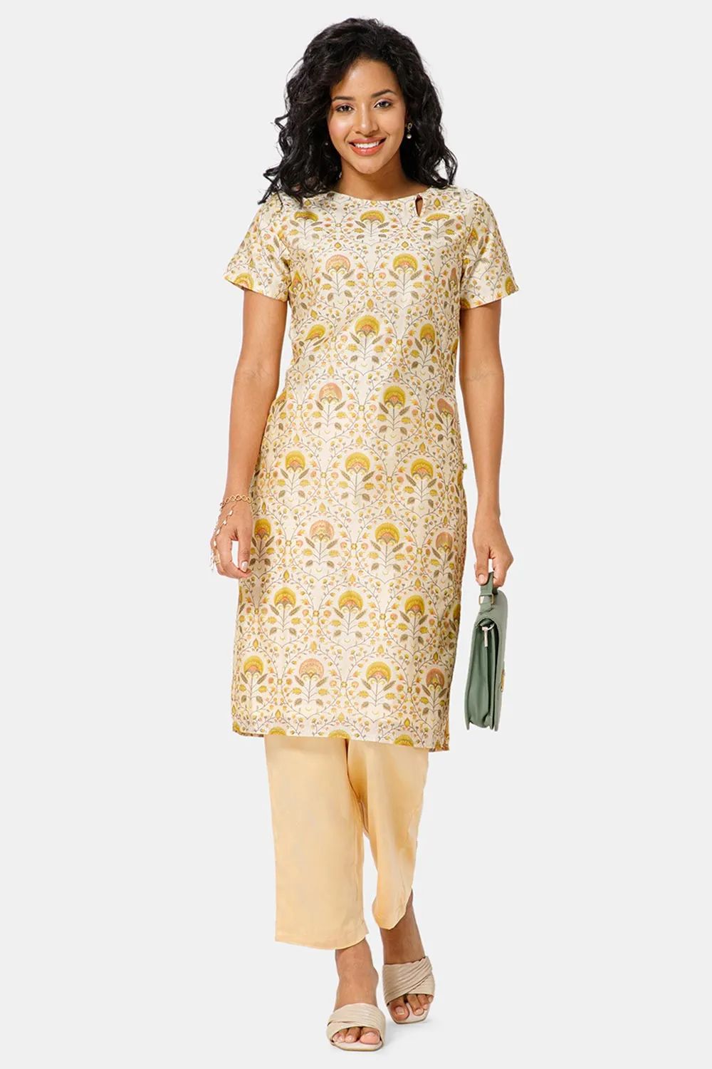 Mythri Boat Neck Short Sleeve Straight Kurti  - Yellow -  KU57