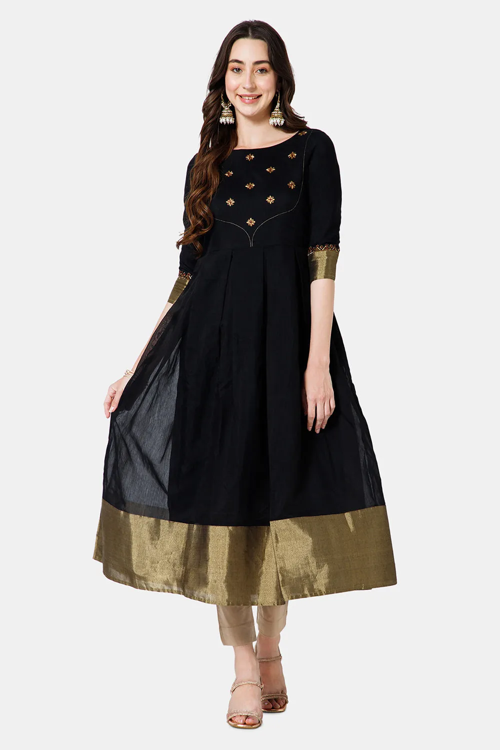 Mythri Women's Ethnic Wear Round Neck Anarkali dress with 3/4 sleeve - Black - KU49